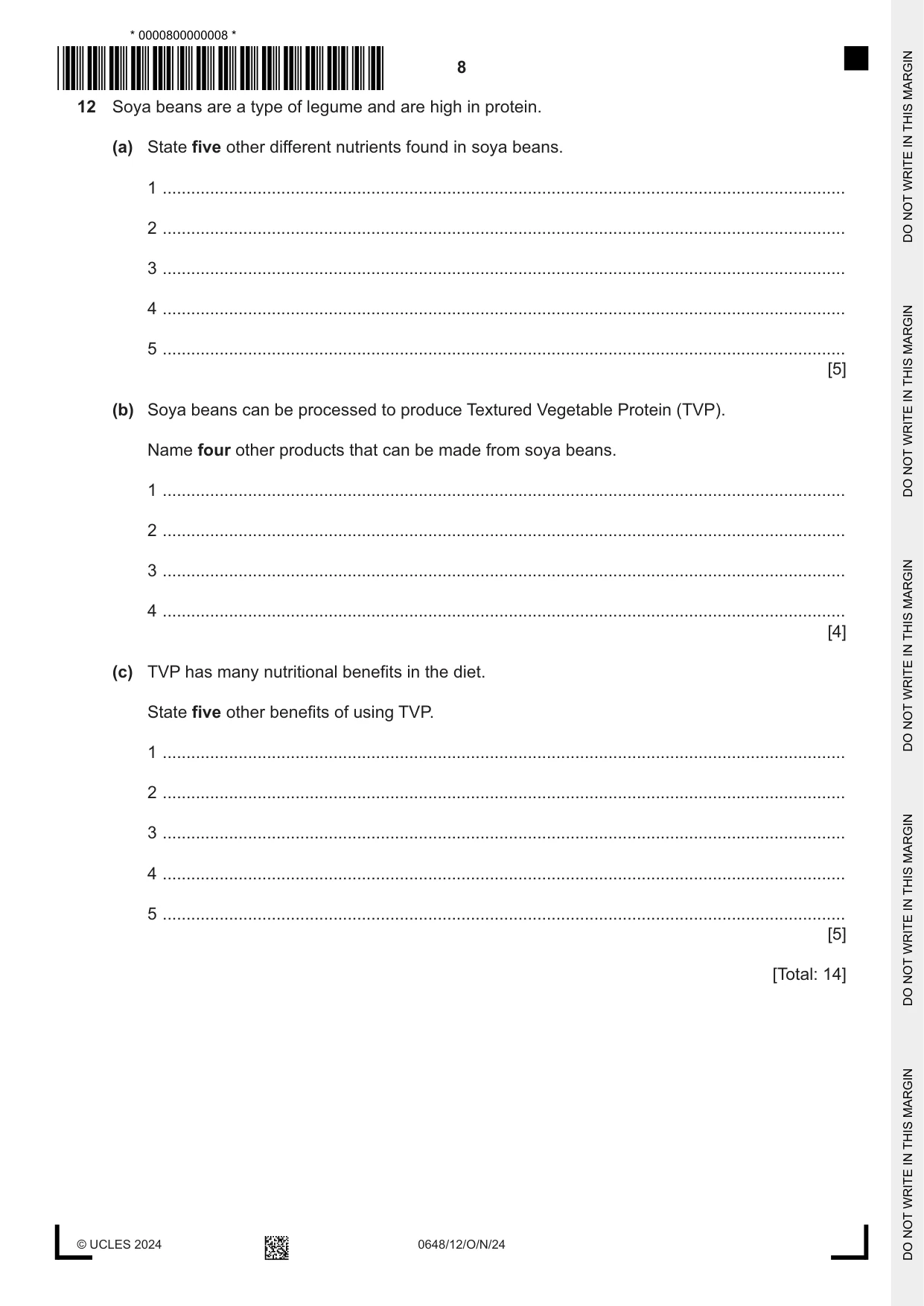 Cambridge IGCSE Food and Nutrition 0648 2024 Oct/Nov Paper 1 · Variant 2 question paper, page 8 of 12