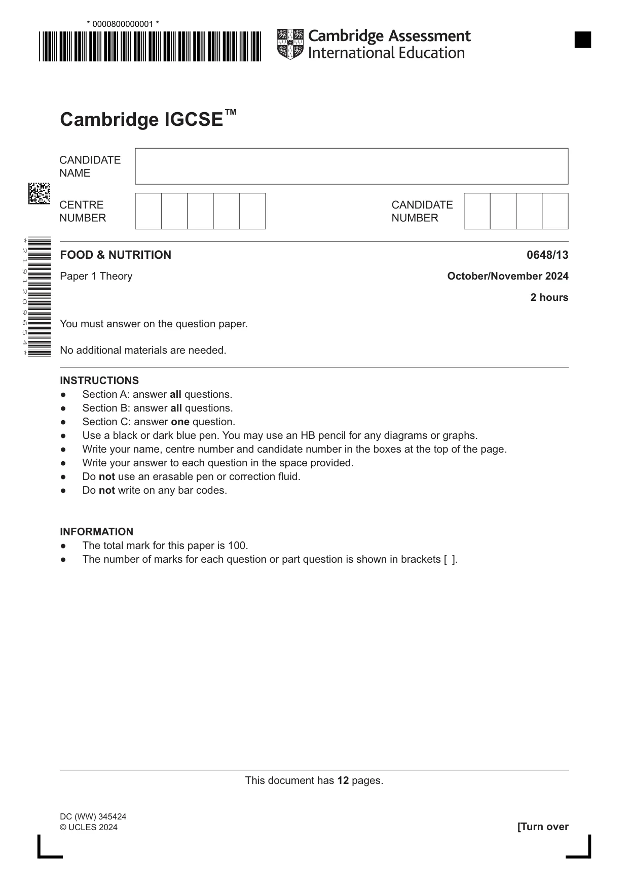 Cambridge IGCSE Food and Nutrition 0648 2024 Oct/Nov Paper 1 · Variant 3 question paper, page 1 of 12