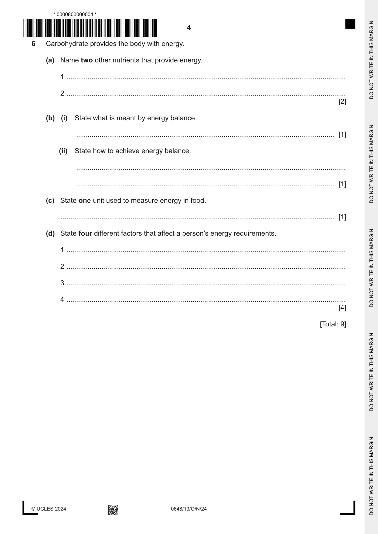 Cambridge IGCSE Food and Nutrition 0648 2024 Oct/Nov Paper 1 · Variant 3 question paper, page 4 of 12