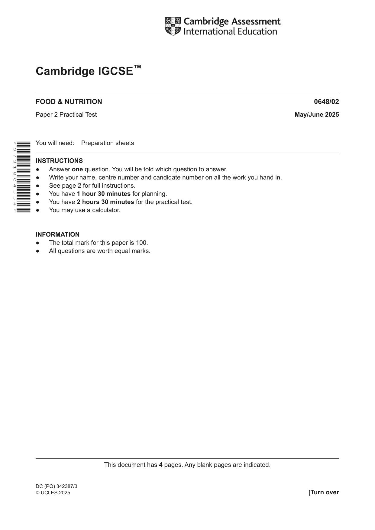 Cambridge IGCSE Food and Nutrition 0648 2025 May/June Paper 2 · Variant 0 question paper, page 1 of 4