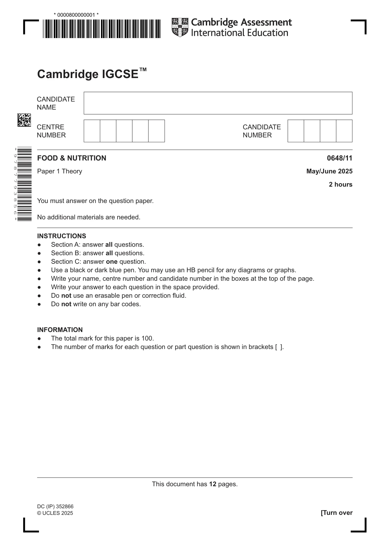 Cambridge IGCSE Food and Nutrition 0648 2025 May/June Paper 1 · Variant 1 question paper, page 1 of 12