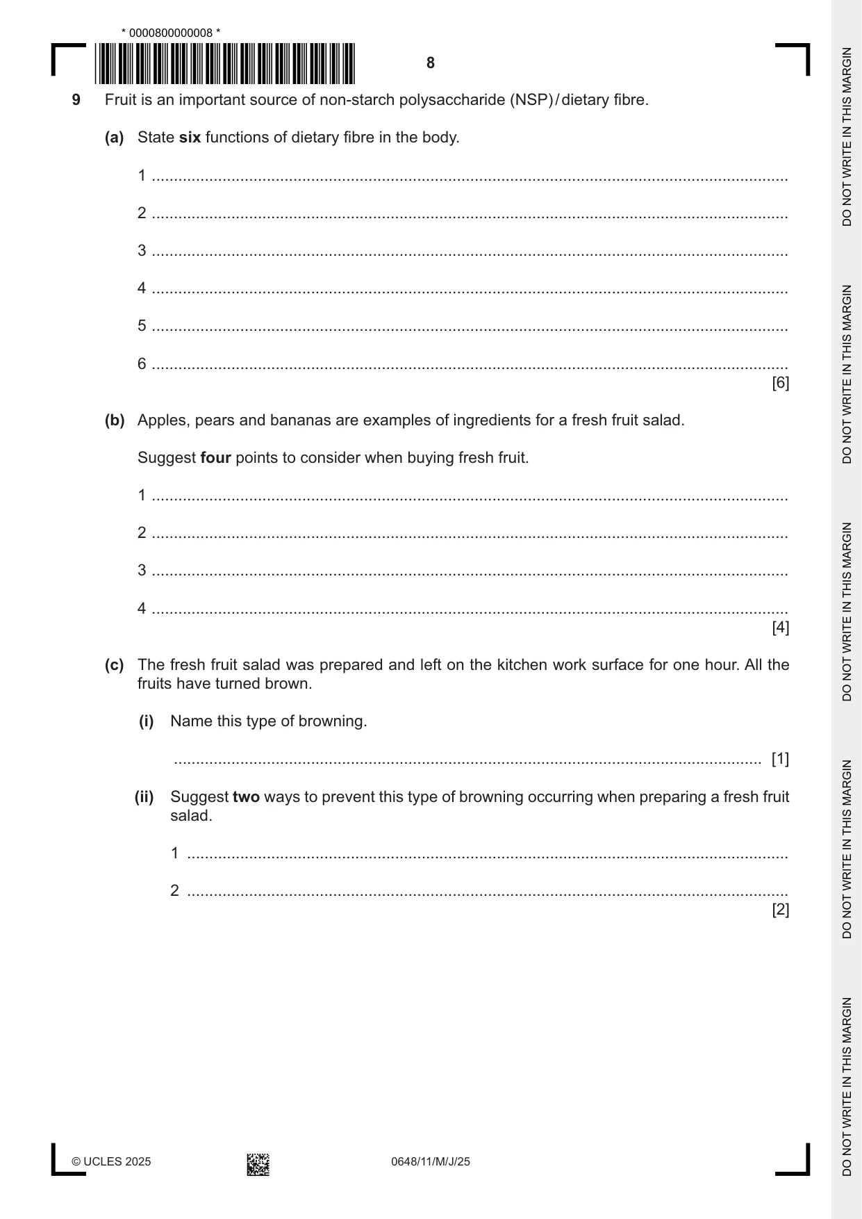 Cambridge IGCSE Food and Nutrition 0648 2025 May/June Paper 1 · Variant 1 question paper, page 8 of 12