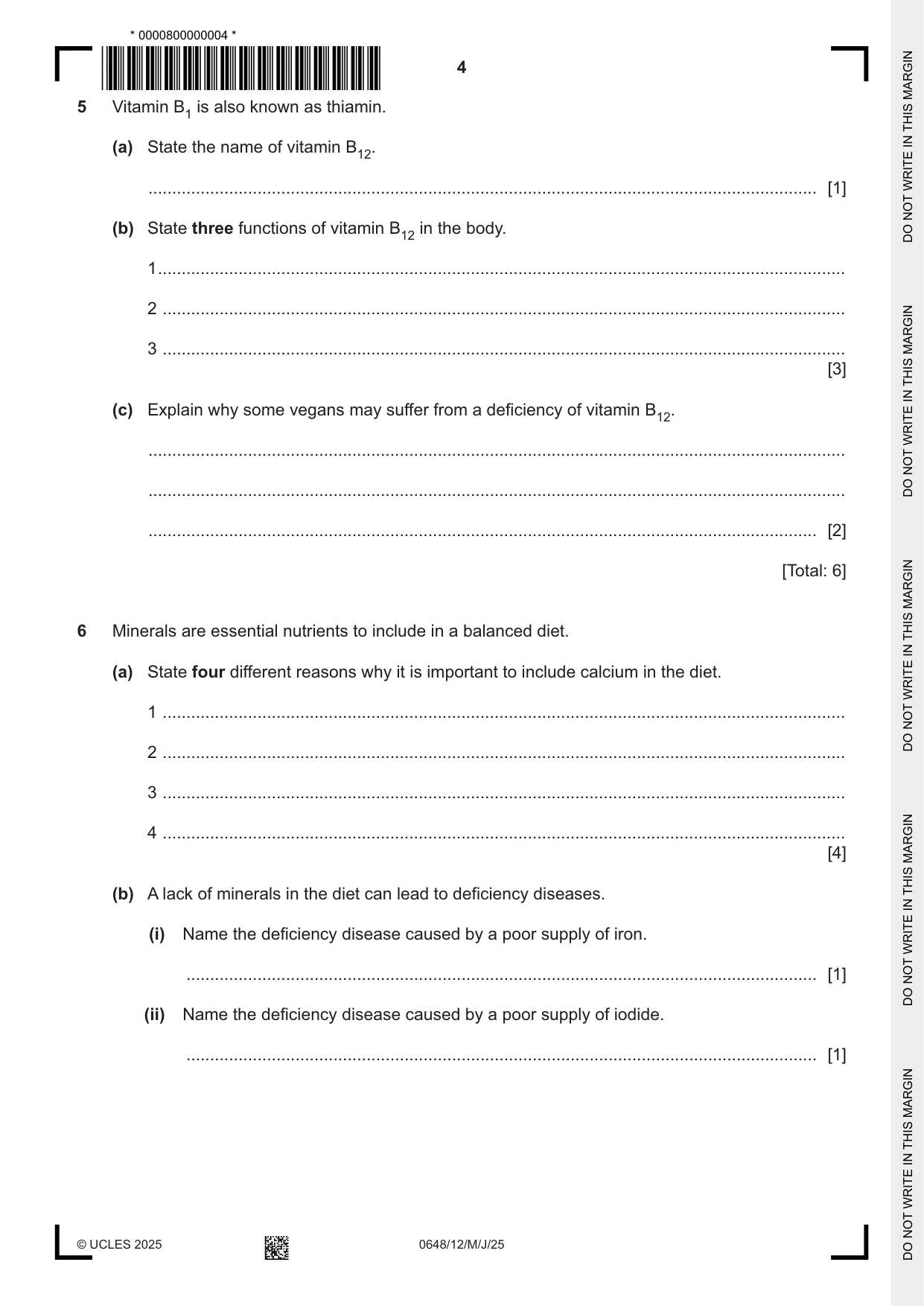 Cambridge IGCSE Food and Nutrition 0648 2025 May/June Paper 1 · Variant 2 question paper, page 4 of 12