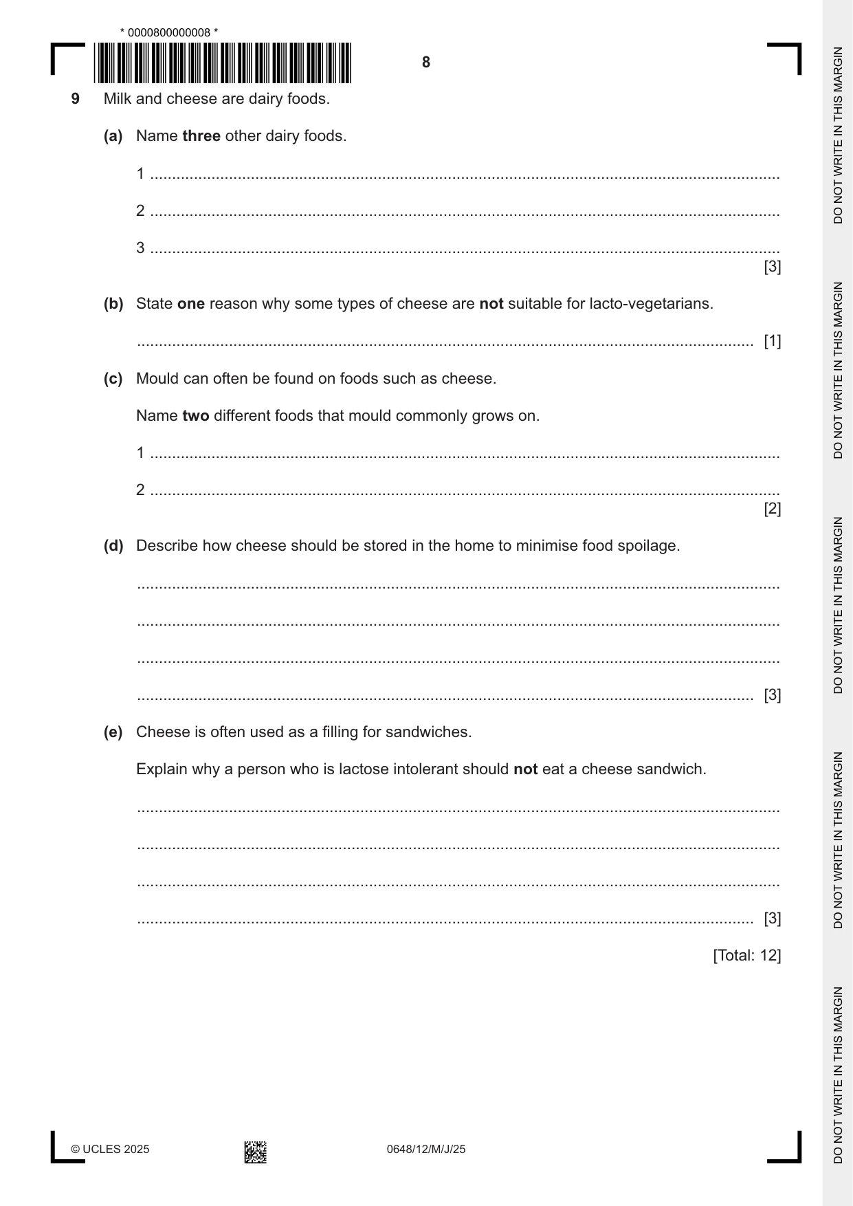 Cambridge IGCSE Food and Nutrition 0648 2025 May/June Paper 1 · Variant 2 question paper, page 8 of 12