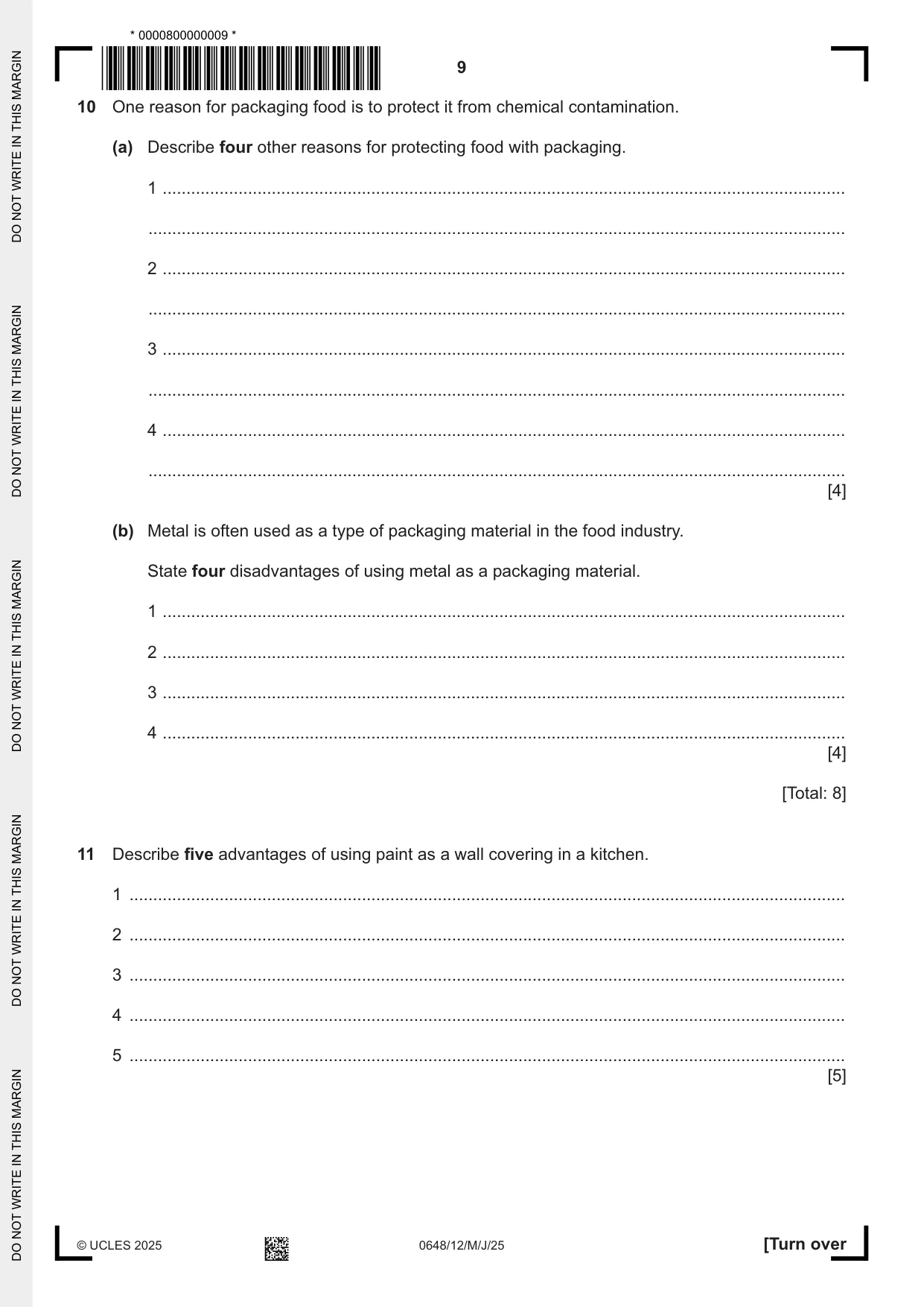 Cambridge IGCSE Food and Nutrition 0648 2025 May/June Paper 1 · Variant 2 question paper, page 9 of 12