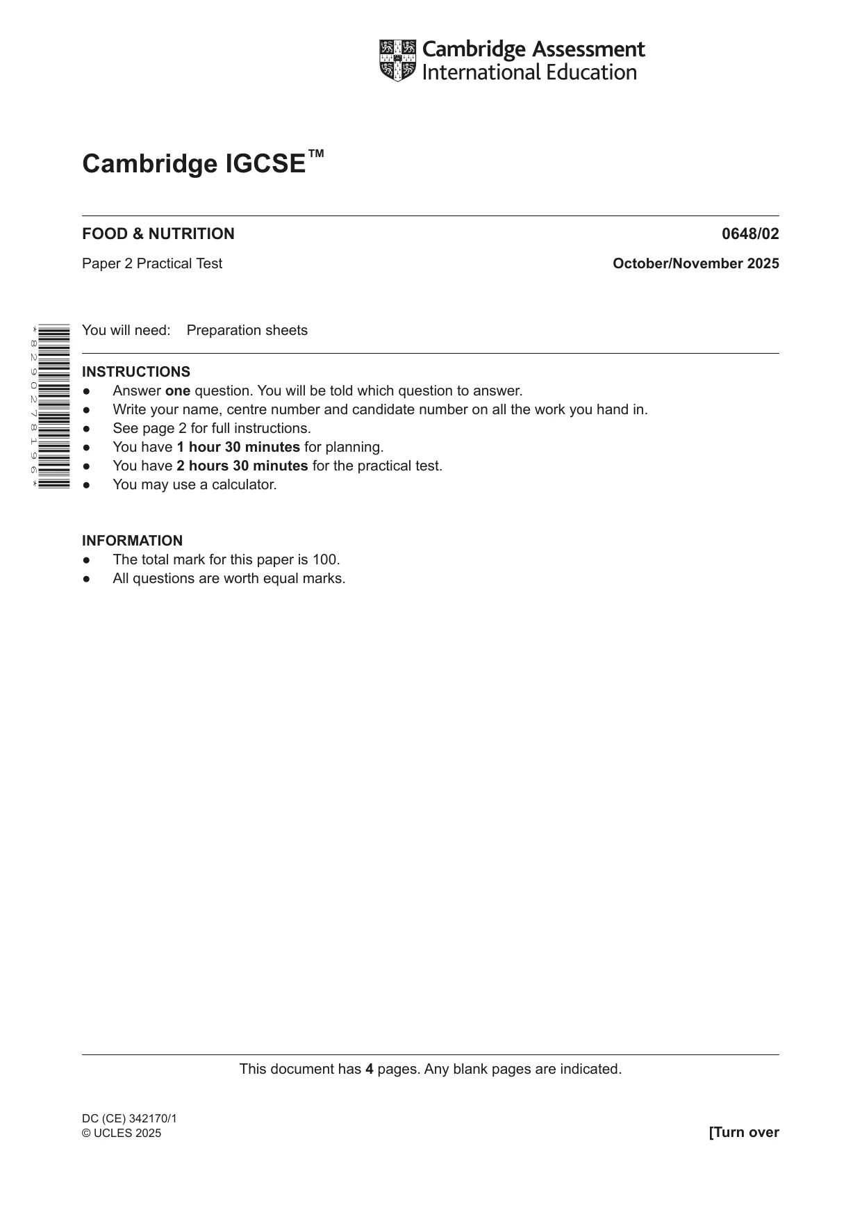 Cambridge IGCSE Food and Nutrition 0648 2025 Oct/Nov Paper 2 · Variant 0 question paper, page 1 of 4