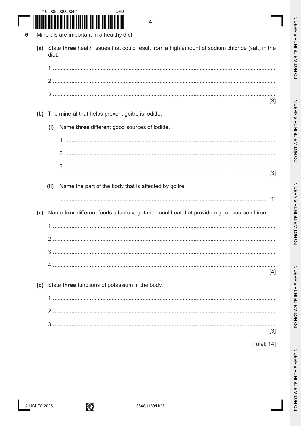 Cambridge IGCSE Food and Nutrition 0648 2025 Oct/Nov Paper 1 · Variant 1 question paper, page 4 of 12