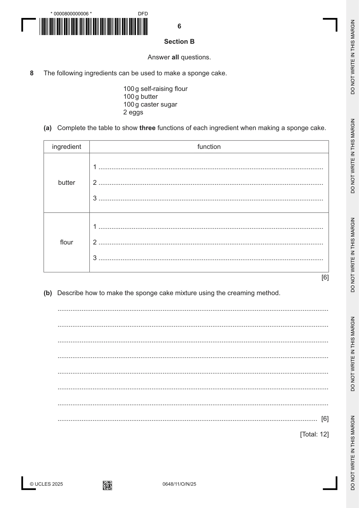 Cambridge IGCSE Food and Nutrition 0648 2025 Oct/Nov Paper 1 · Variant 1 question paper, page 6 of 12