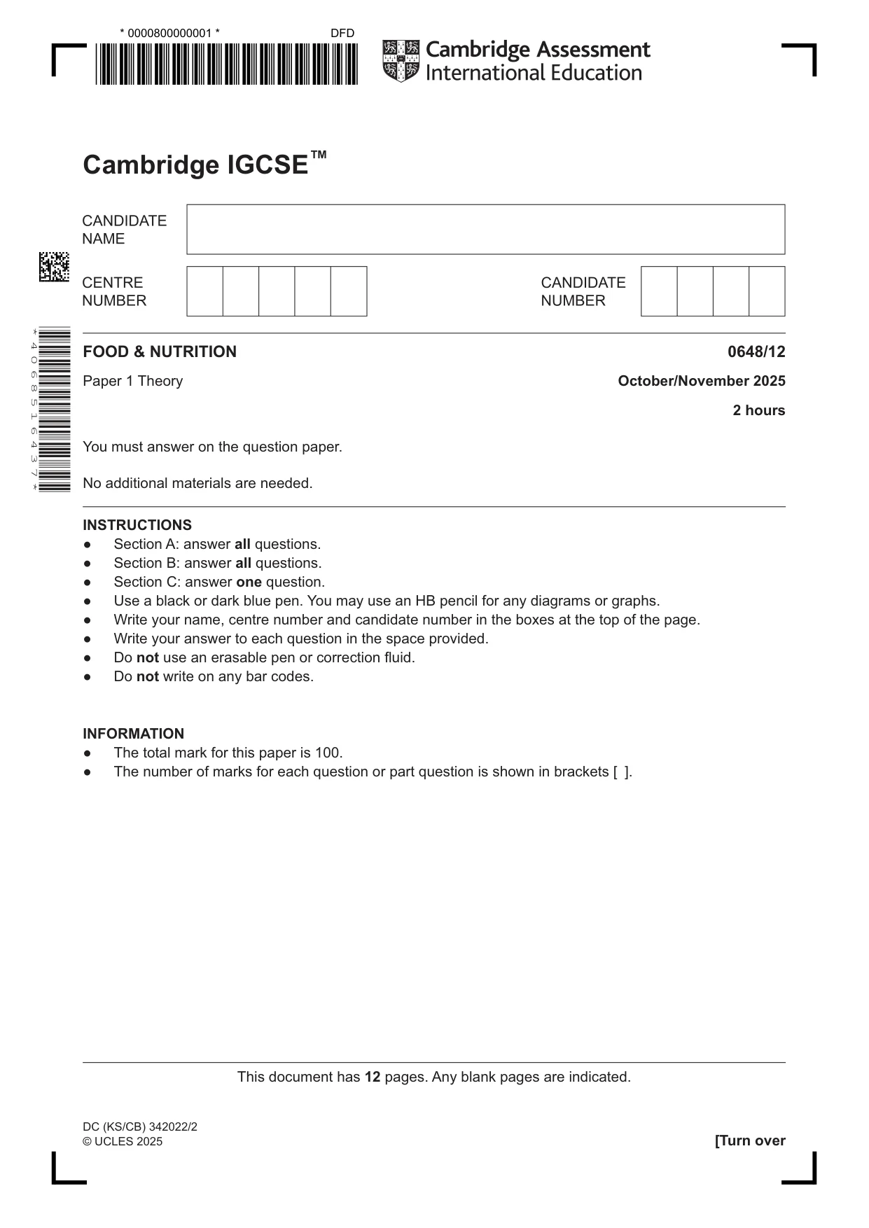 Cambridge IGCSE Food and Nutrition 0648 2025 Oct/Nov Paper 1 · Variant 2 question paper, page 1 of 12