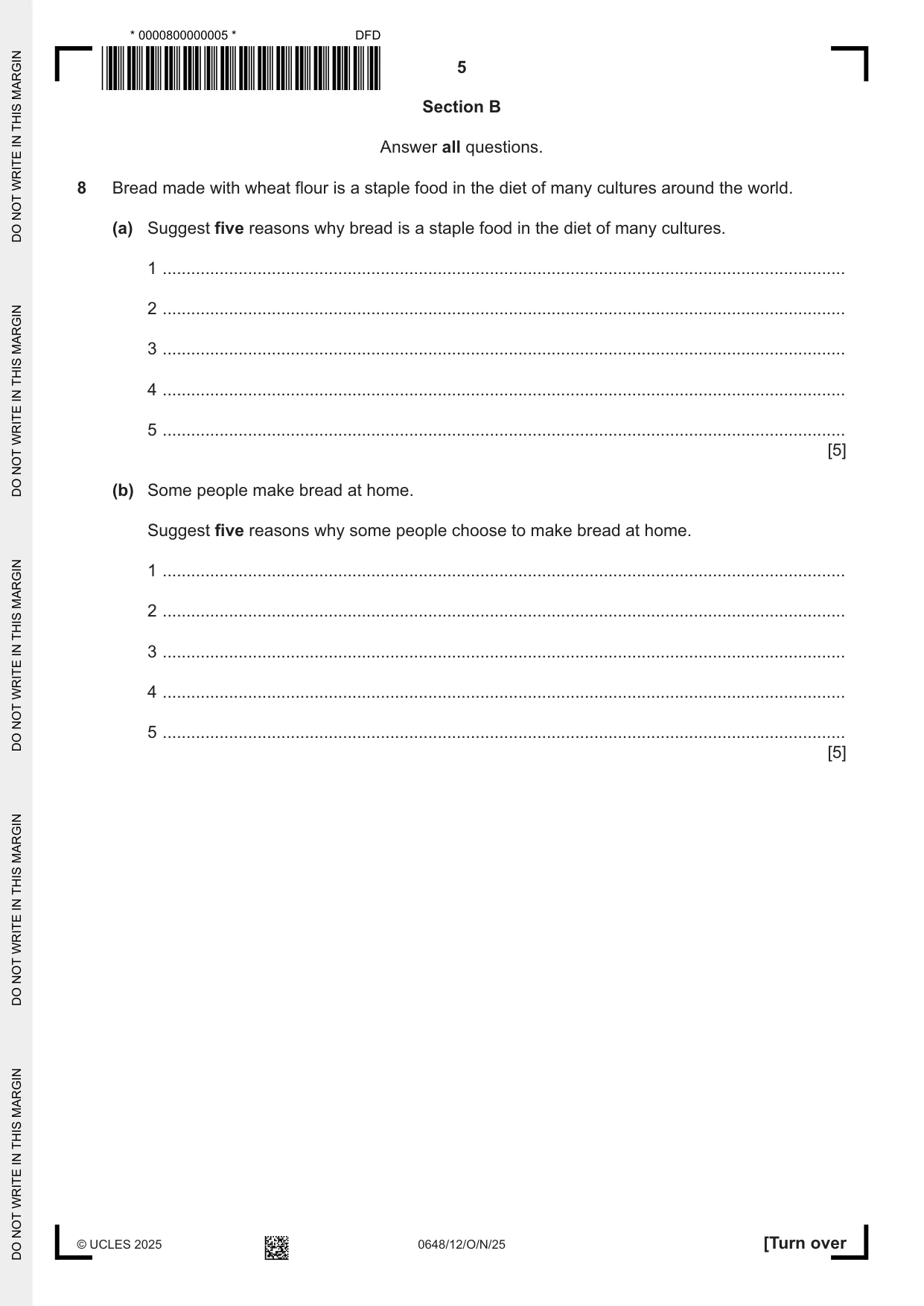 Cambridge IGCSE Food and Nutrition 0648 2025 Oct/Nov Paper 1 · Variant 2 question paper, page 5 of 12