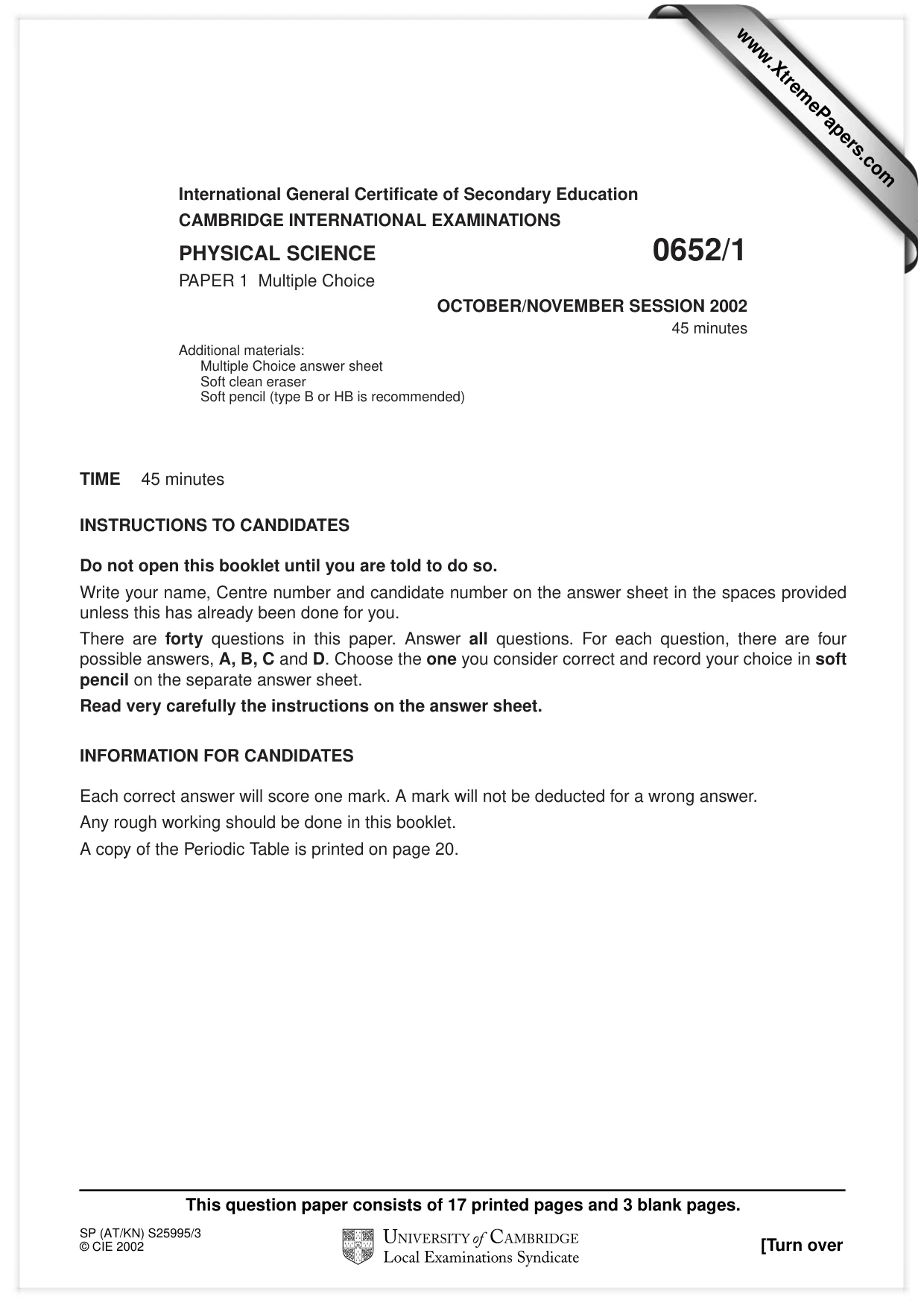 Cambridge IGCSE Physical Science 0652 2002 Oct/Nov Paper 1 · Variant 1 question paper, page 1 of 20