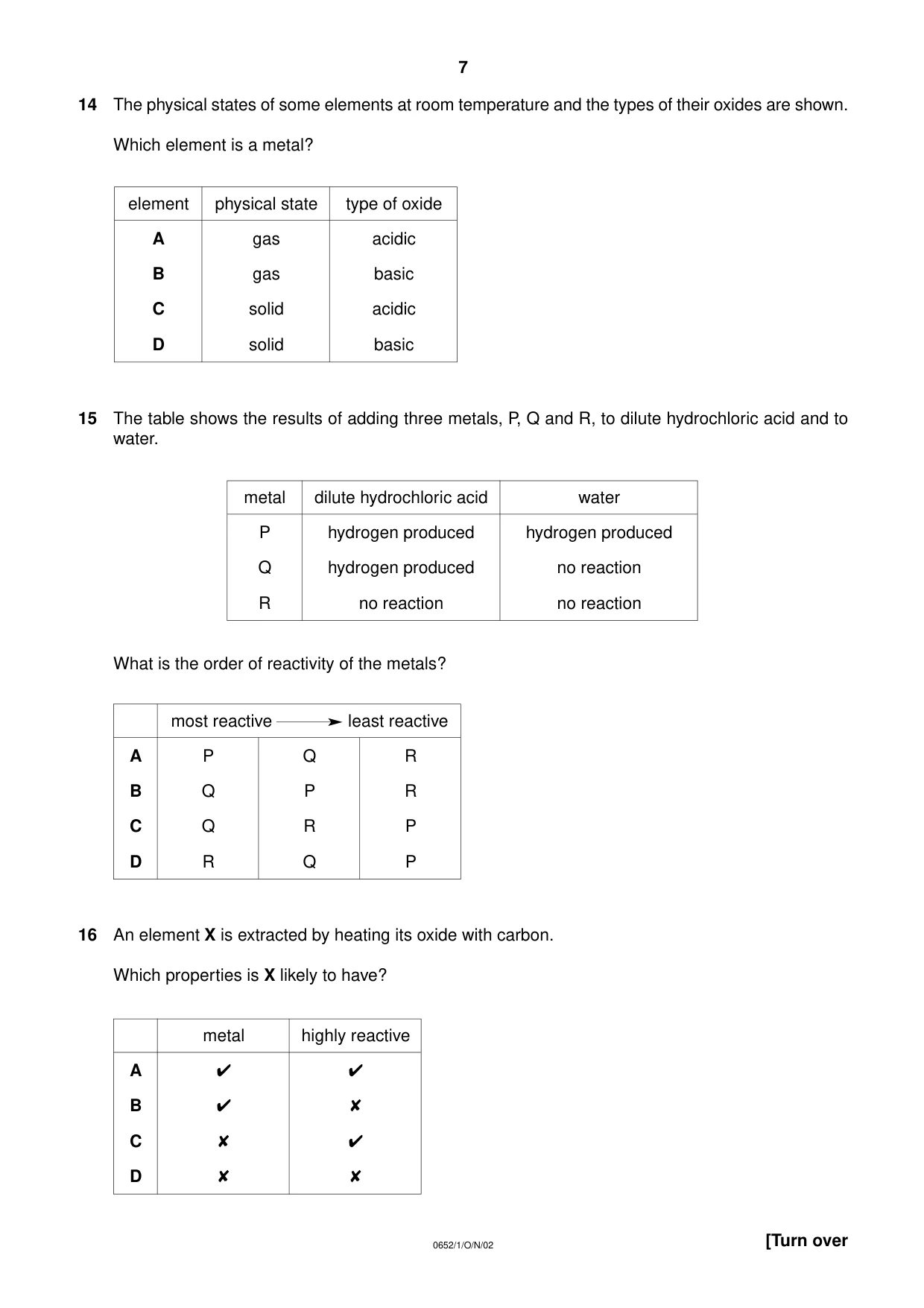 Cambridge IGCSE Physical Science 0652 2002 Oct/Nov Paper 1 · Variant 1 question paper, page 7 of 20