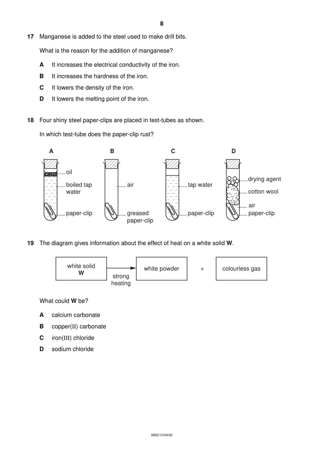 Cambridge IGCSE Physical Science 0652 2002 Oct/Nov Paper 1 · Variant 1 question paper, page 8 of 20
