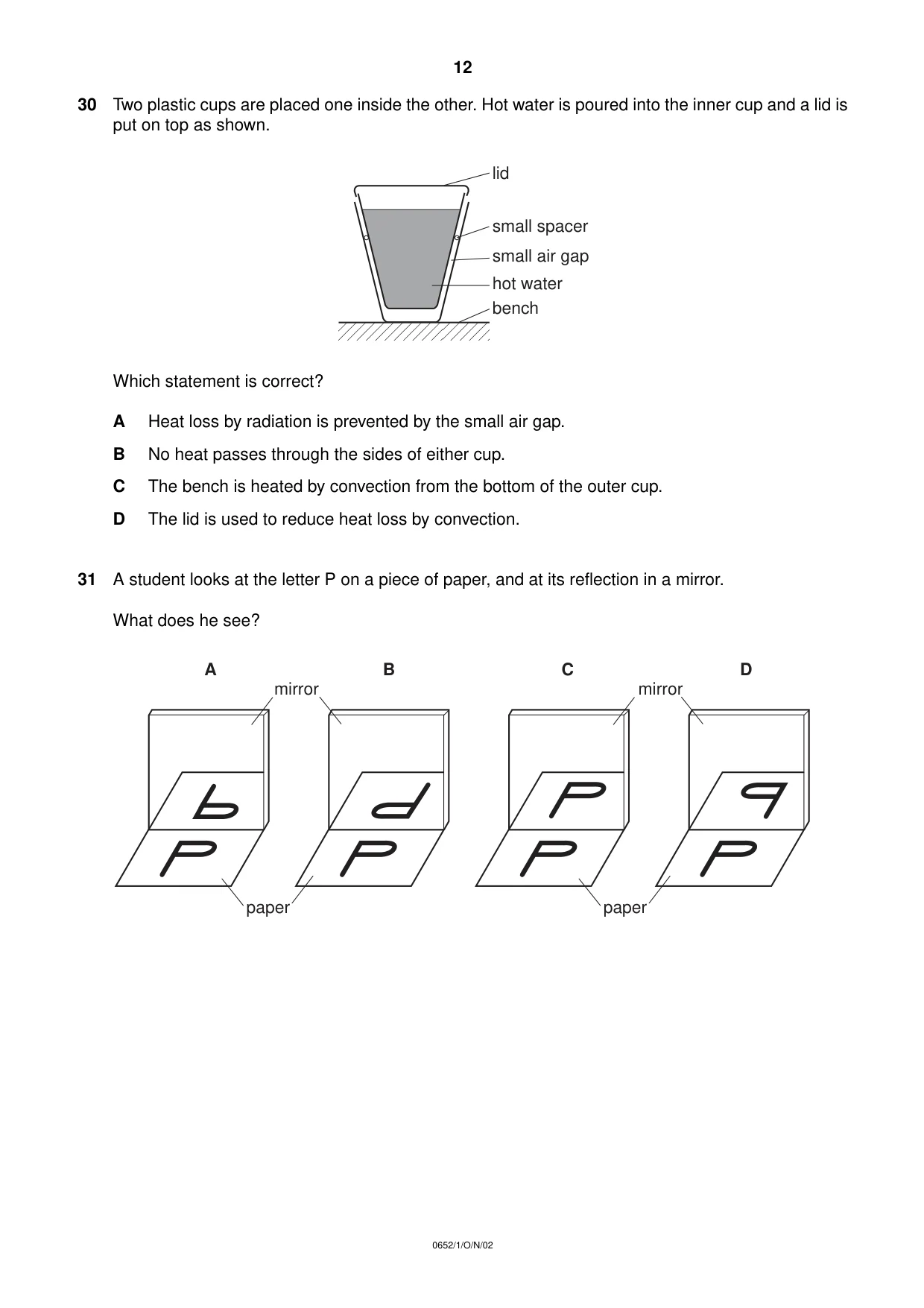 Cambridge IGCSE Physical Science 0652 2002 Oct/Nov Paper 1 · Variant 1 question paper, page 12 of 20