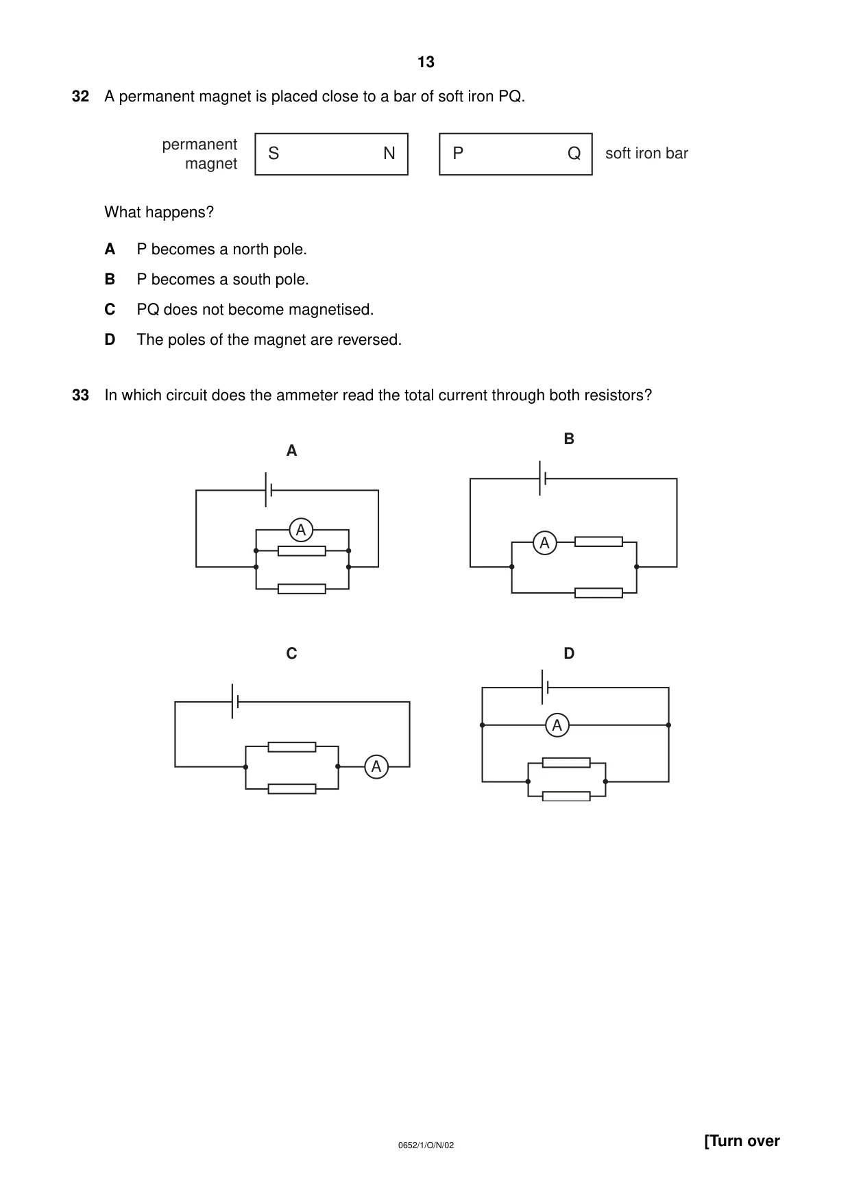 Cambridge IGCSE Physical Science 0652 2002 Oct/Nov Paper 1 · Variant 1 question paper, page 13 of 20