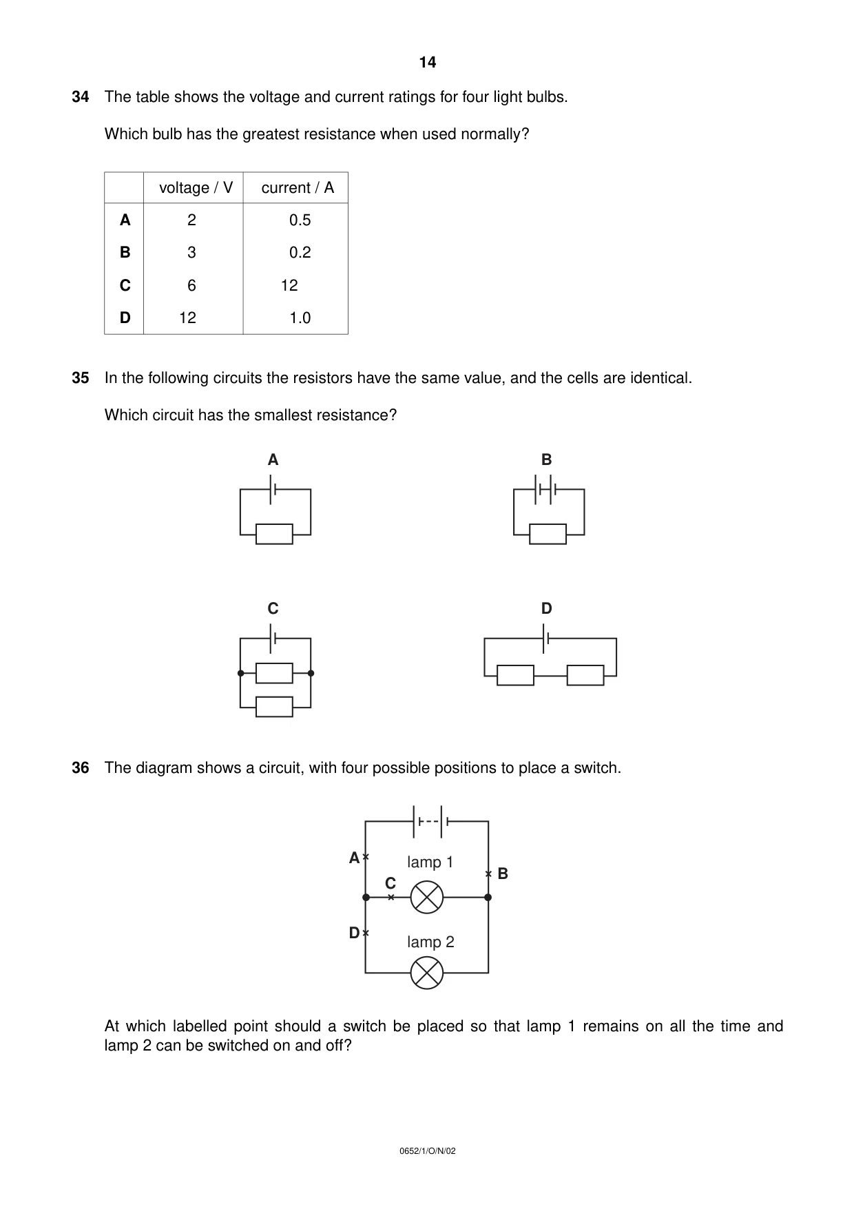 Cambridge IGCSE Physical Science 0652 2002 Oct/Nov Paper 1 · Variant 1 question paper, page 14 of 20
