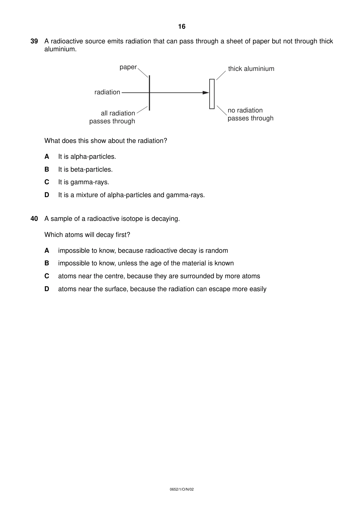 Cambridge IGCSE Physical Science 0652 2002 Oct/Nov Paper 1 · Variant 1 question paper, page 16 of 20