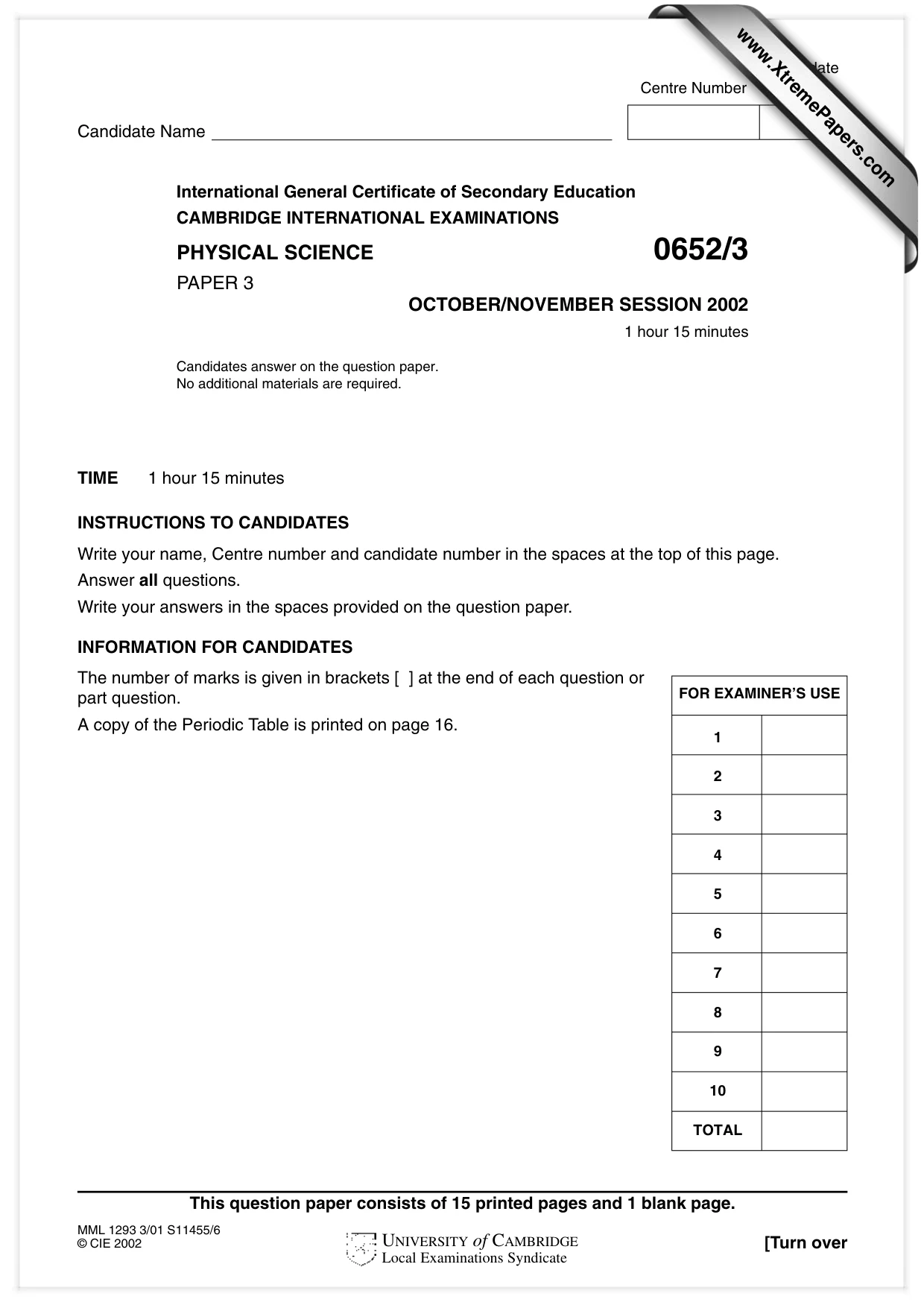 Cambridge IGCSE Physical Science 0652 2002 Oct/Nov Paper 3 · Variant 1 question paper, page 1 of 16