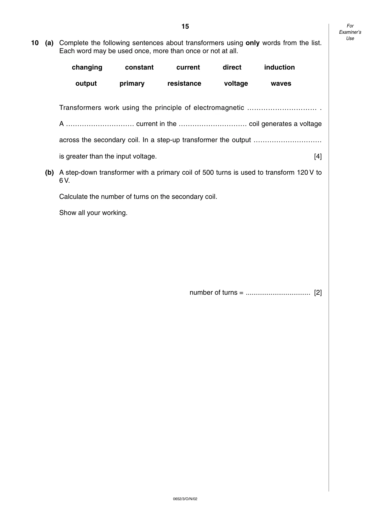 Cambridge IGCSE Physical Science 0652 2002 Oct/Nov Paper 3 · Variant 1 question paper, page 15 of 16