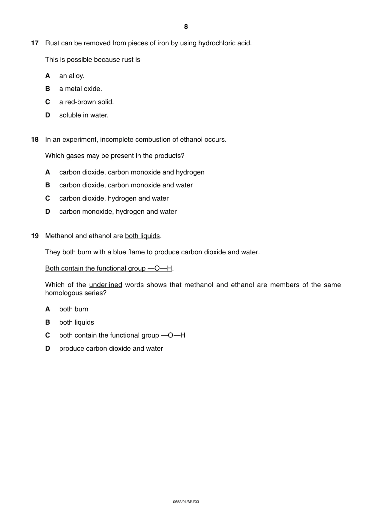 Cambridge IGCSE Physical Science 0652 2003 May/June Paper 1 · Variant 1 question paper, page 8 of 20