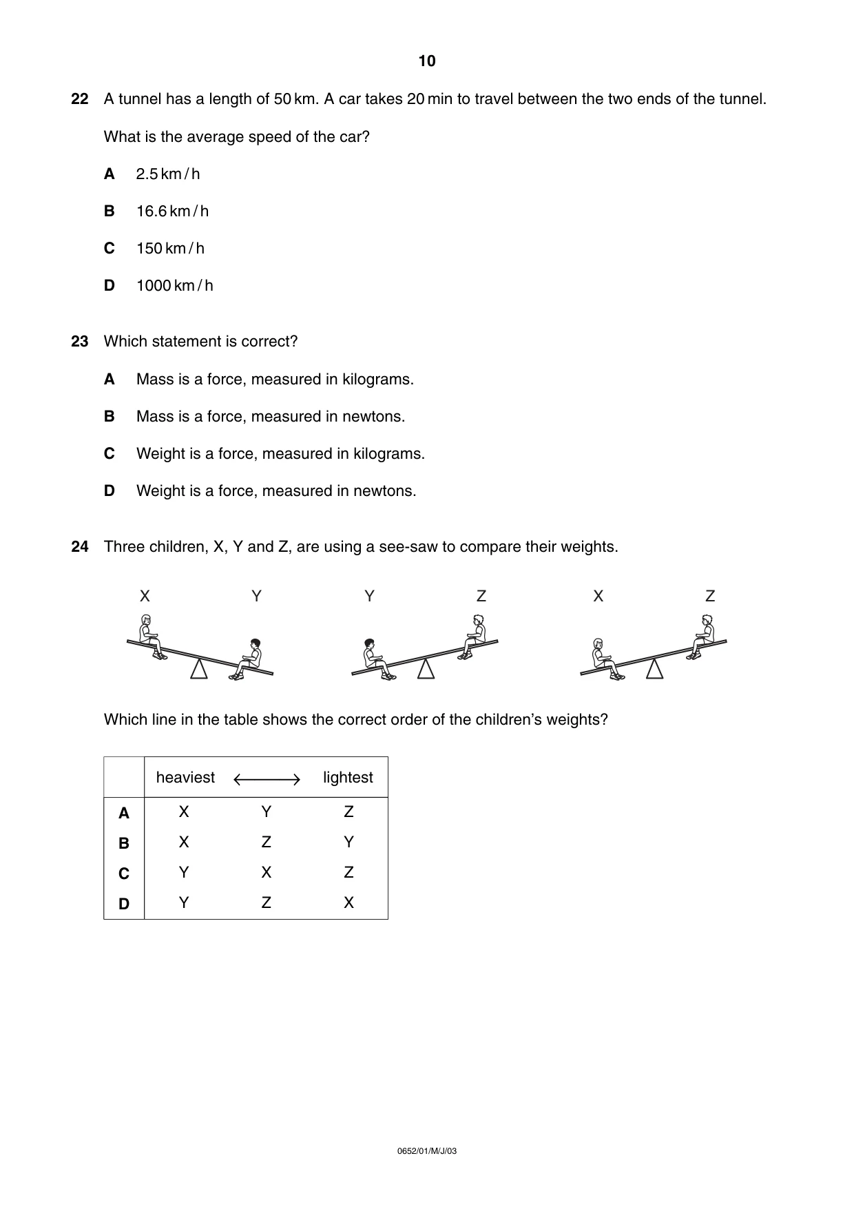 Cambridge IGCSE Physical Science 0652 2003 May/June Paper 1 · Variant 1 question paper, page 10 of 20