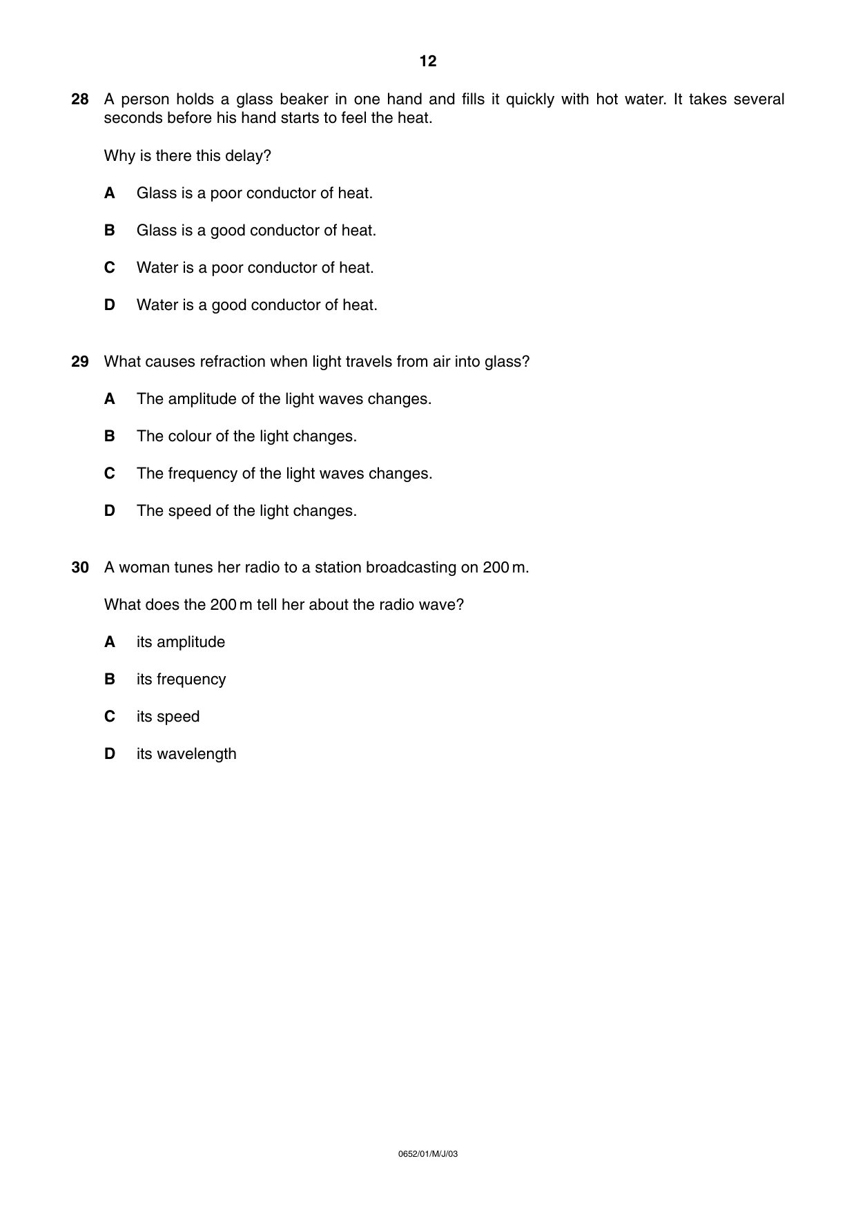 Cambridge IGCSE Physical Science 0652 2003 May/June Paper 1 · Variant 1 question paper, page 12 of 20