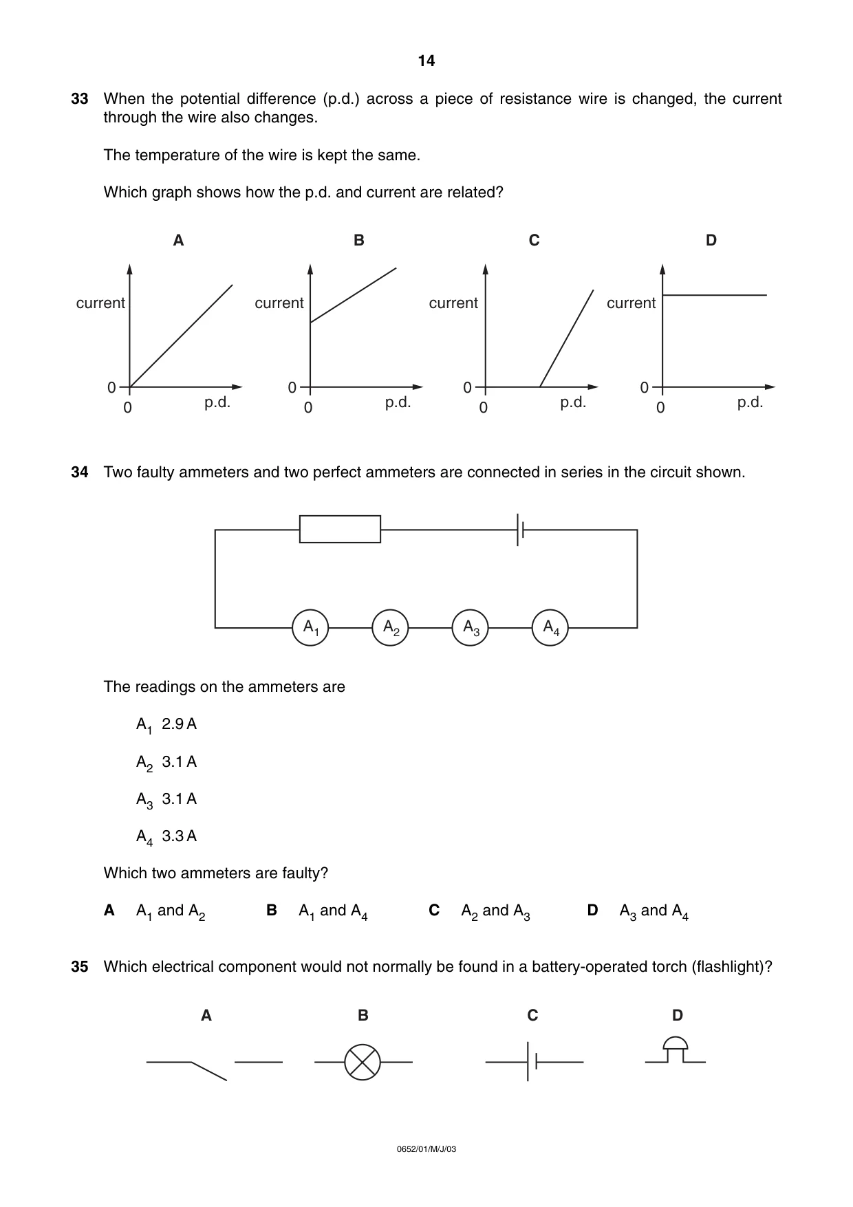 Cambridge IGCSE Physical Science 0652 2003 May/June Paper 1 · Variant 1 question paper, page 14 of 20