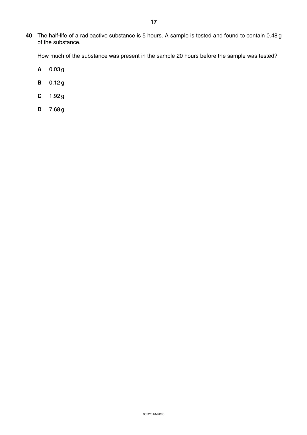 Cambridge IGCSE Physical Science 0652 2003 May/June Paper 1 · Variant 1 question paper, page 17 of 20