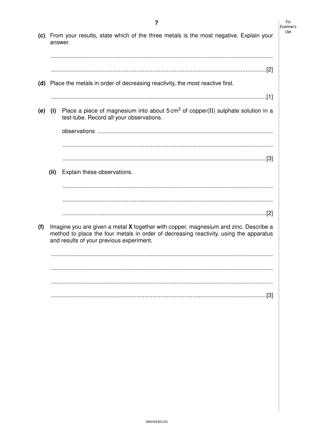 Cambridge IGCSE Physical Science 0652 2003 May/June Paper 5 · Variant 1 question paper, page 7 of 8