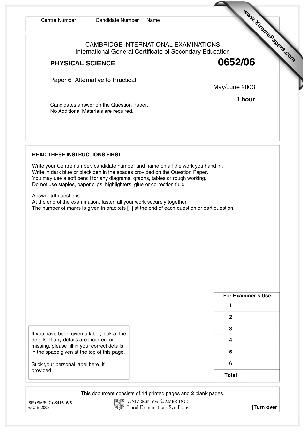 Cambridge IGCSE Physical Science 0652 2003 May/June Paper 6 · Variant 1 question paper, page 1 of 16