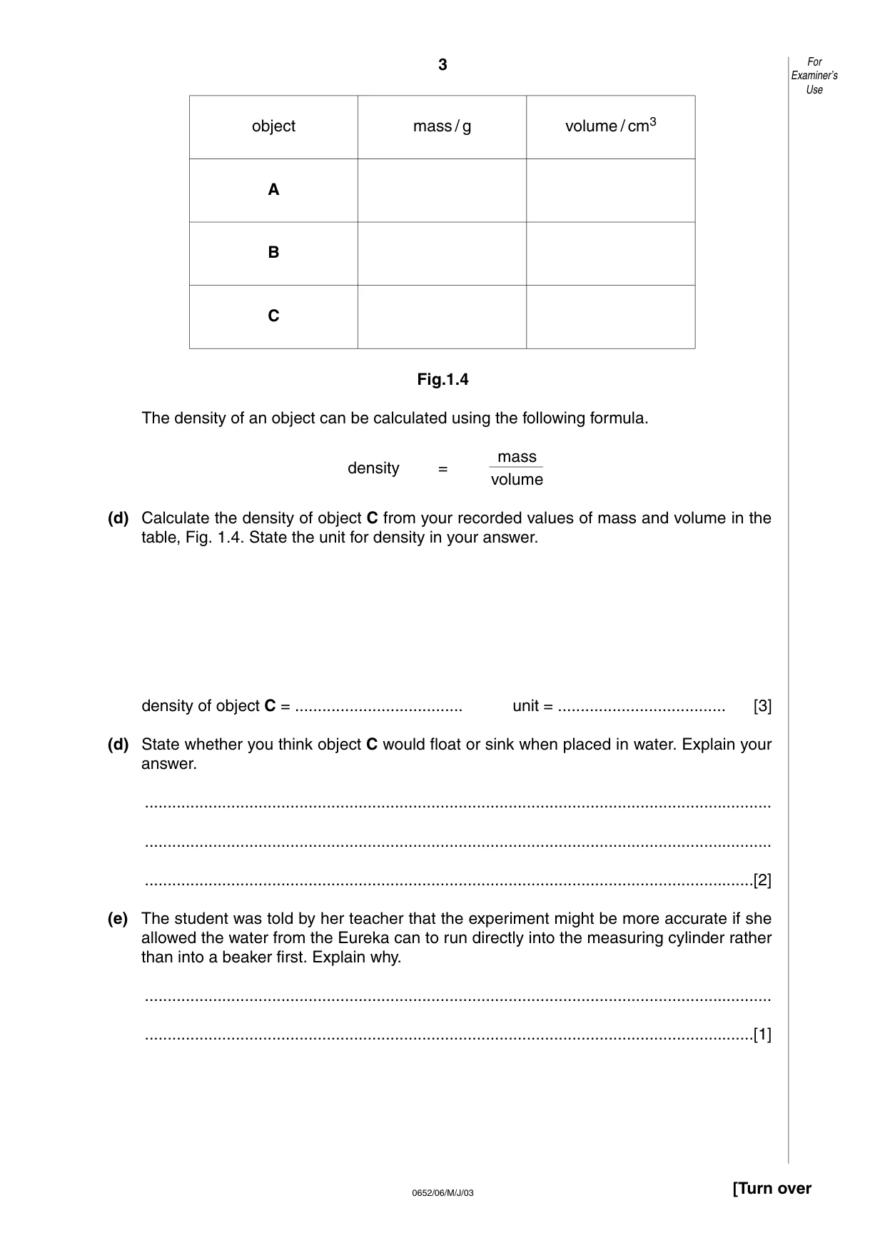 Cambridge IGCSE Physical Science 0652 2003 May/June Paper 6 · Variant 1 question paper, page 3 of 16