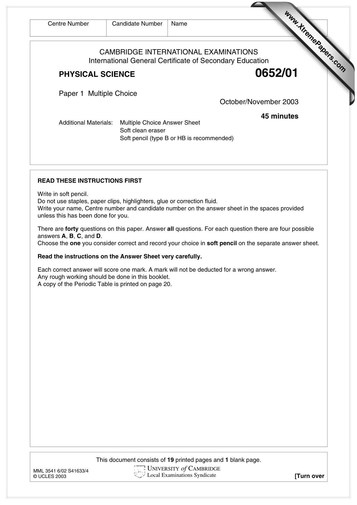 Cambridge IGCSE Physical Science 0652 2003 Oct/Nov Paper 1 · Variant 1 question paper, page 1 of 20