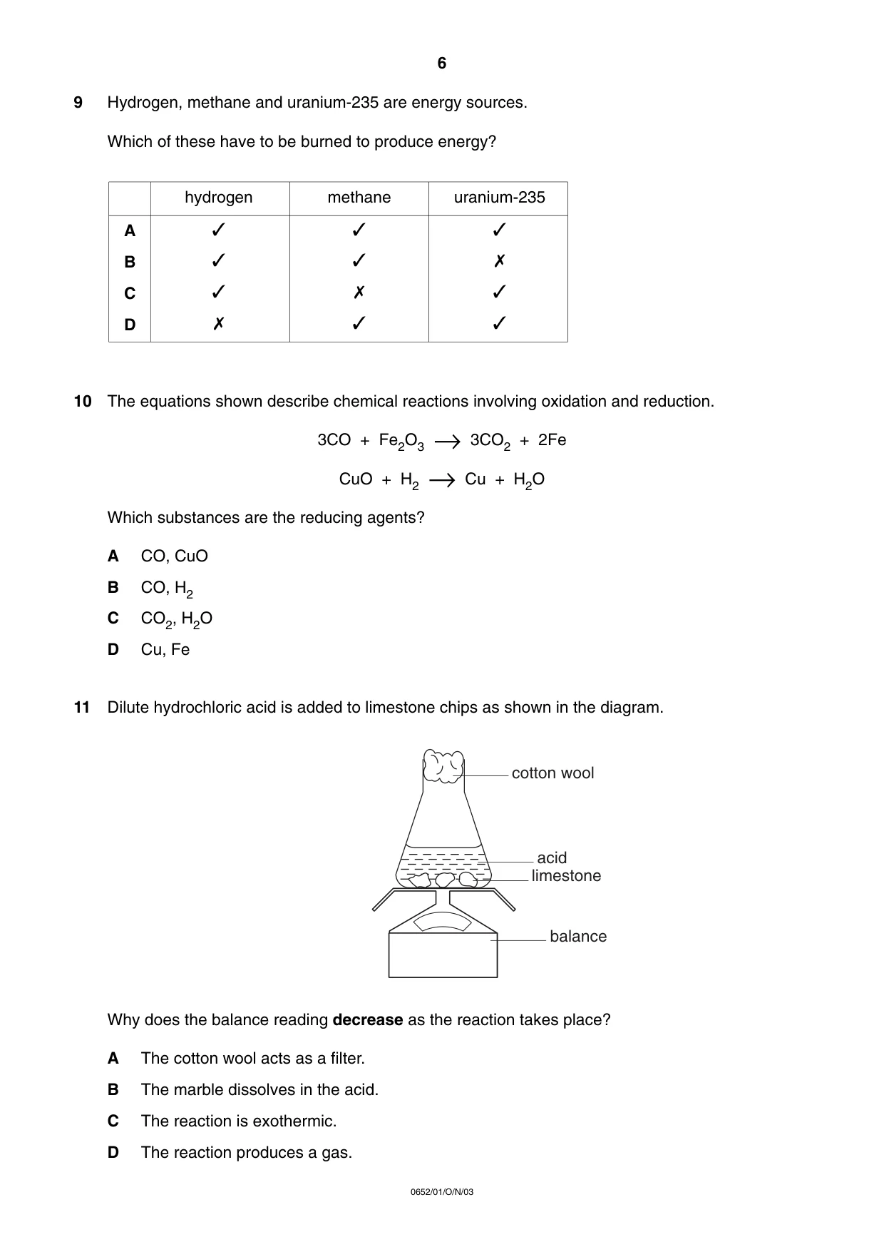 Cambridge IGCSE Physical Science 0652 2003 Oct/Nov Paper 1 · Variant 1 question paper, page 6 of 20