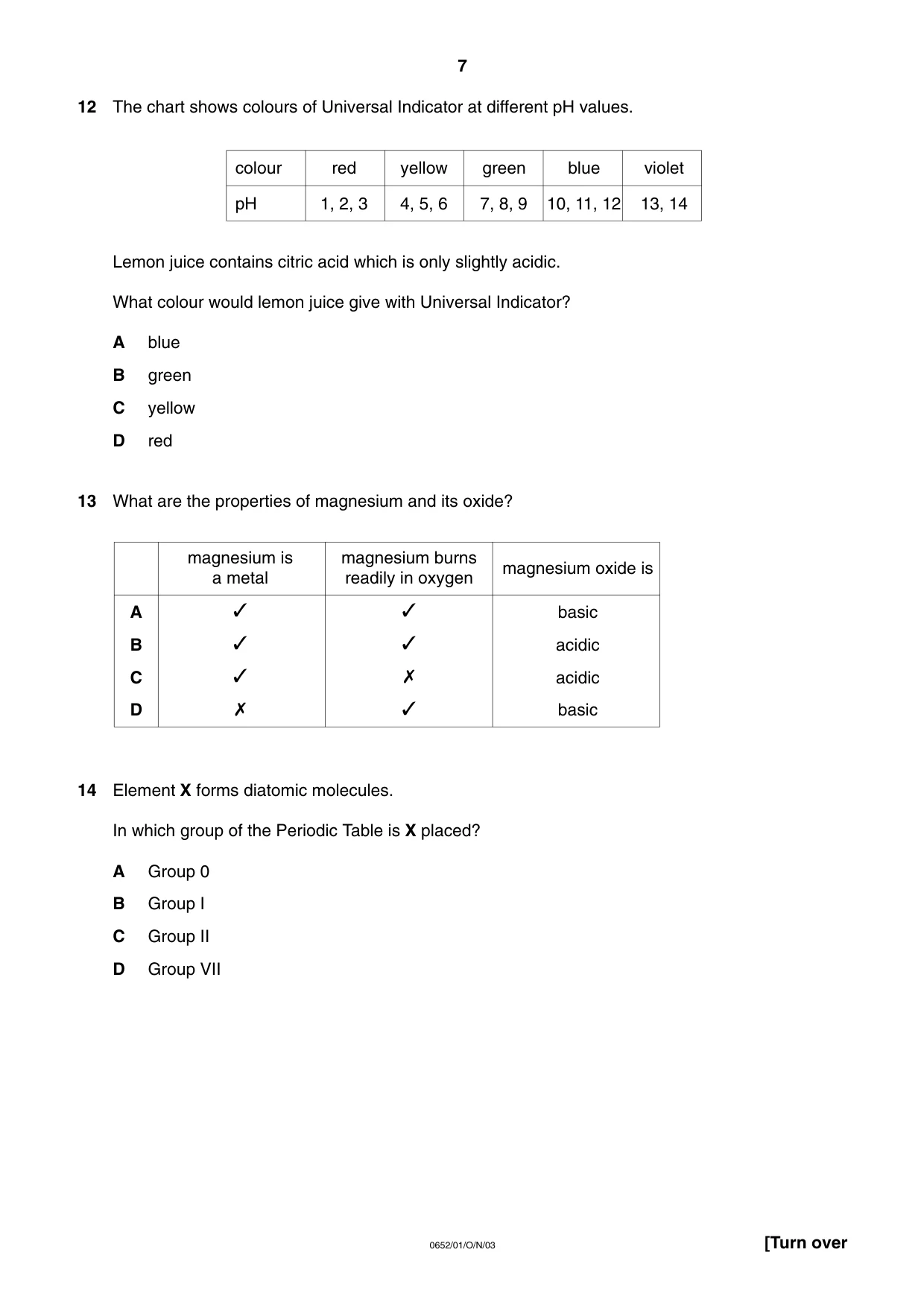 Cambridge IGCSE Physical Science 0652 2003 Oct/Nov Paper 1 · Variant 1 question paper, page 7 of 20