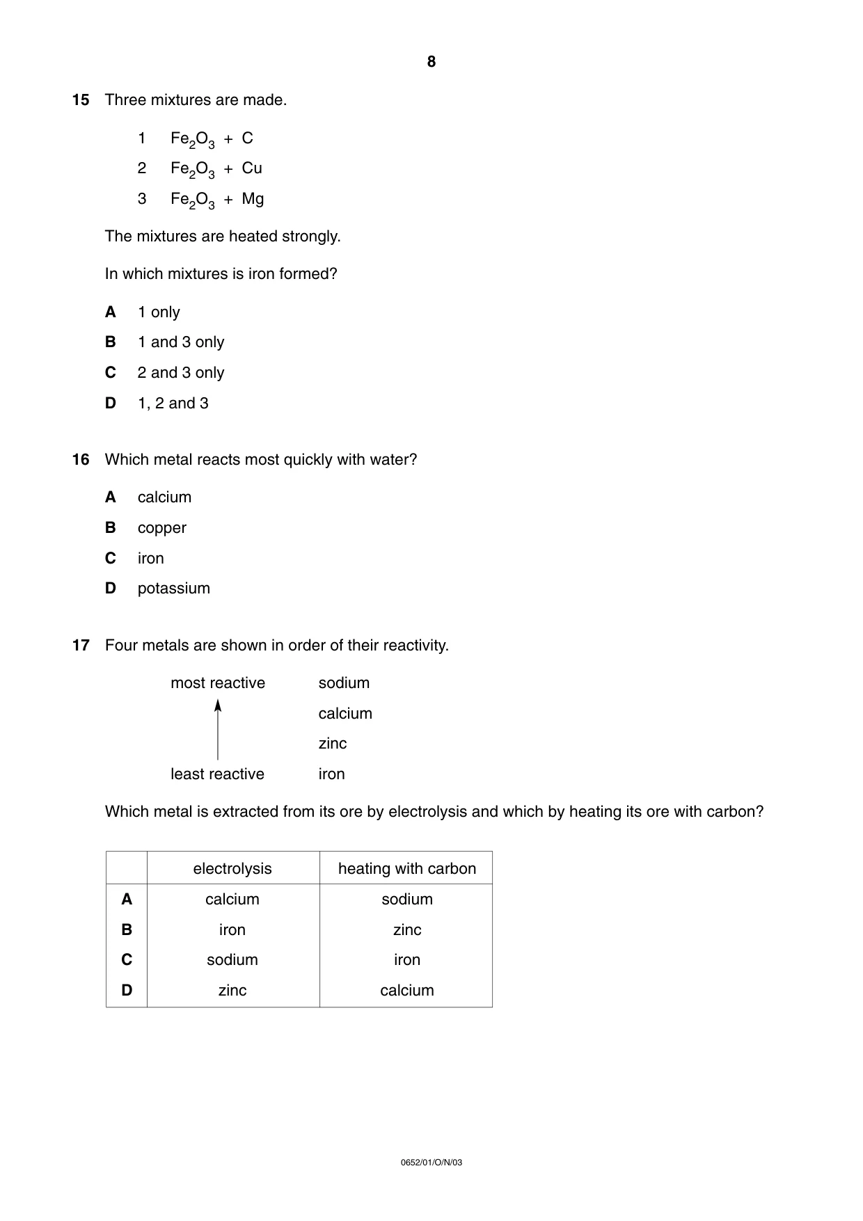 Cambridge IGCSE Physical Science 0652 2003 Oct/Nov Paper 1 · Variant 1 question paper, page 8 of 20