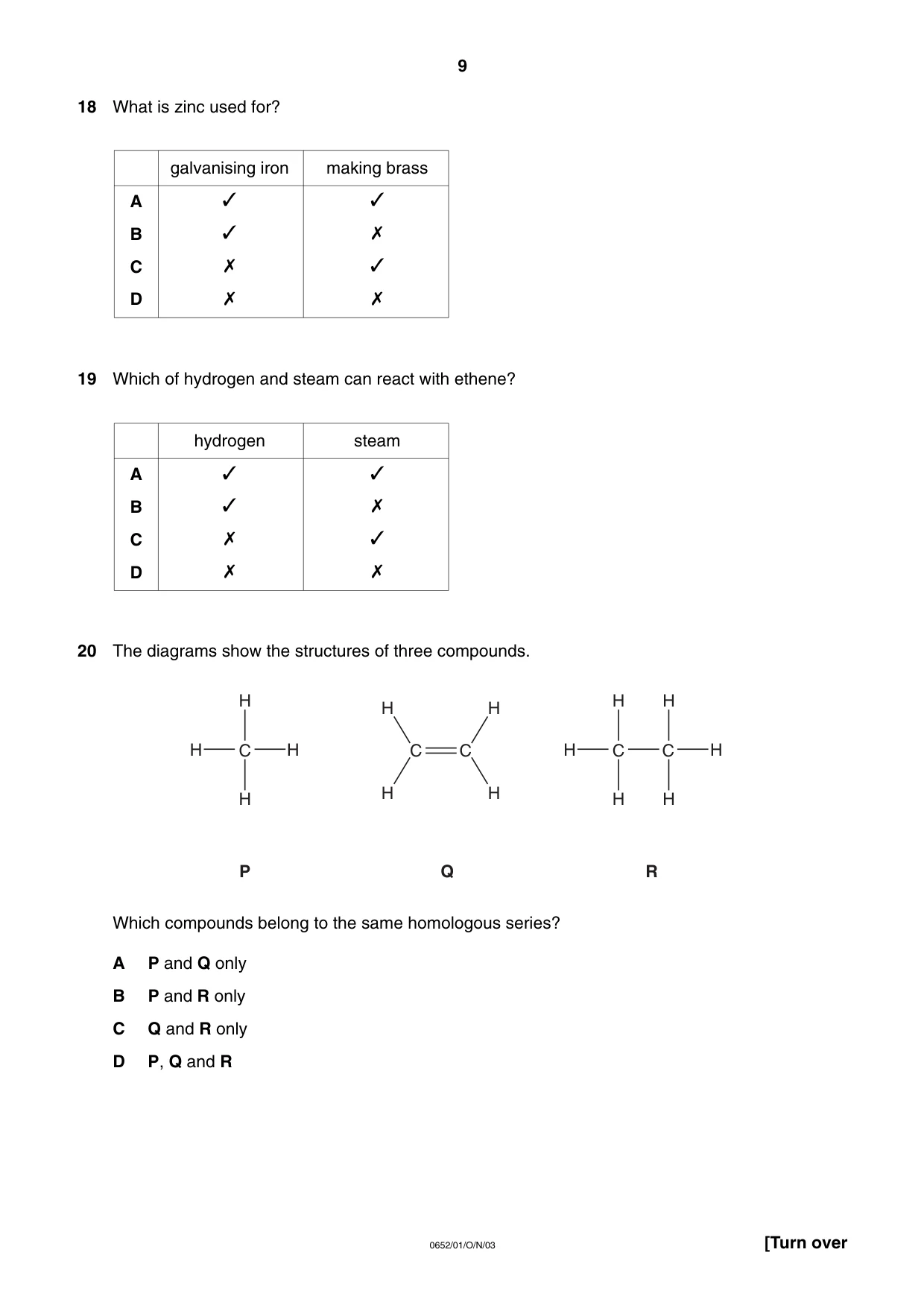 Cambridge IGCSE Physical Science 0652 2003 Oct/Nov Paper 1 · Variant 1 question paper, page 9 of 20