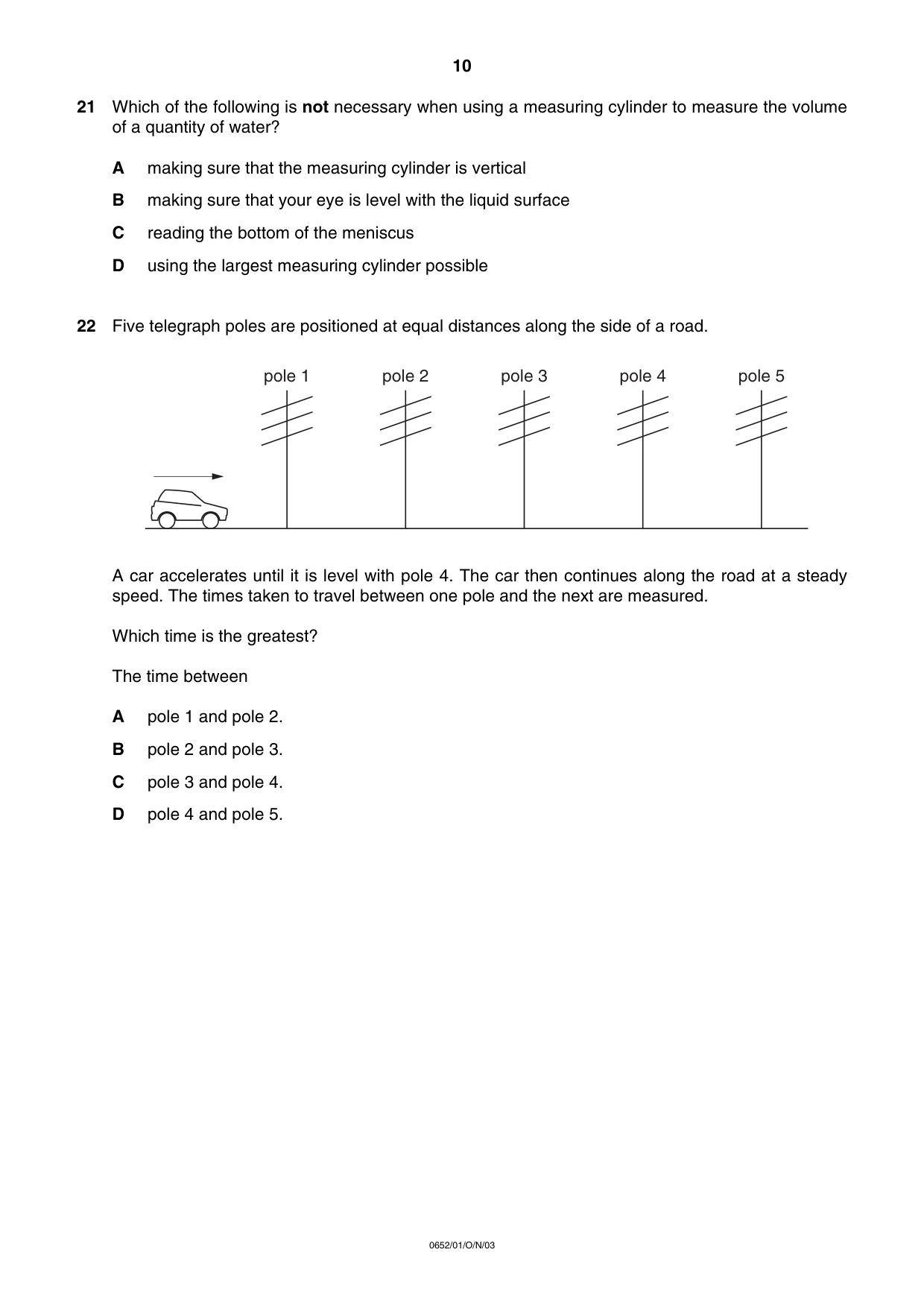 Cambridge IGCSE Physical Science 0652 2003 Oct/Nov Paper 1 · Variant 1 question paper, page 10 of 20
