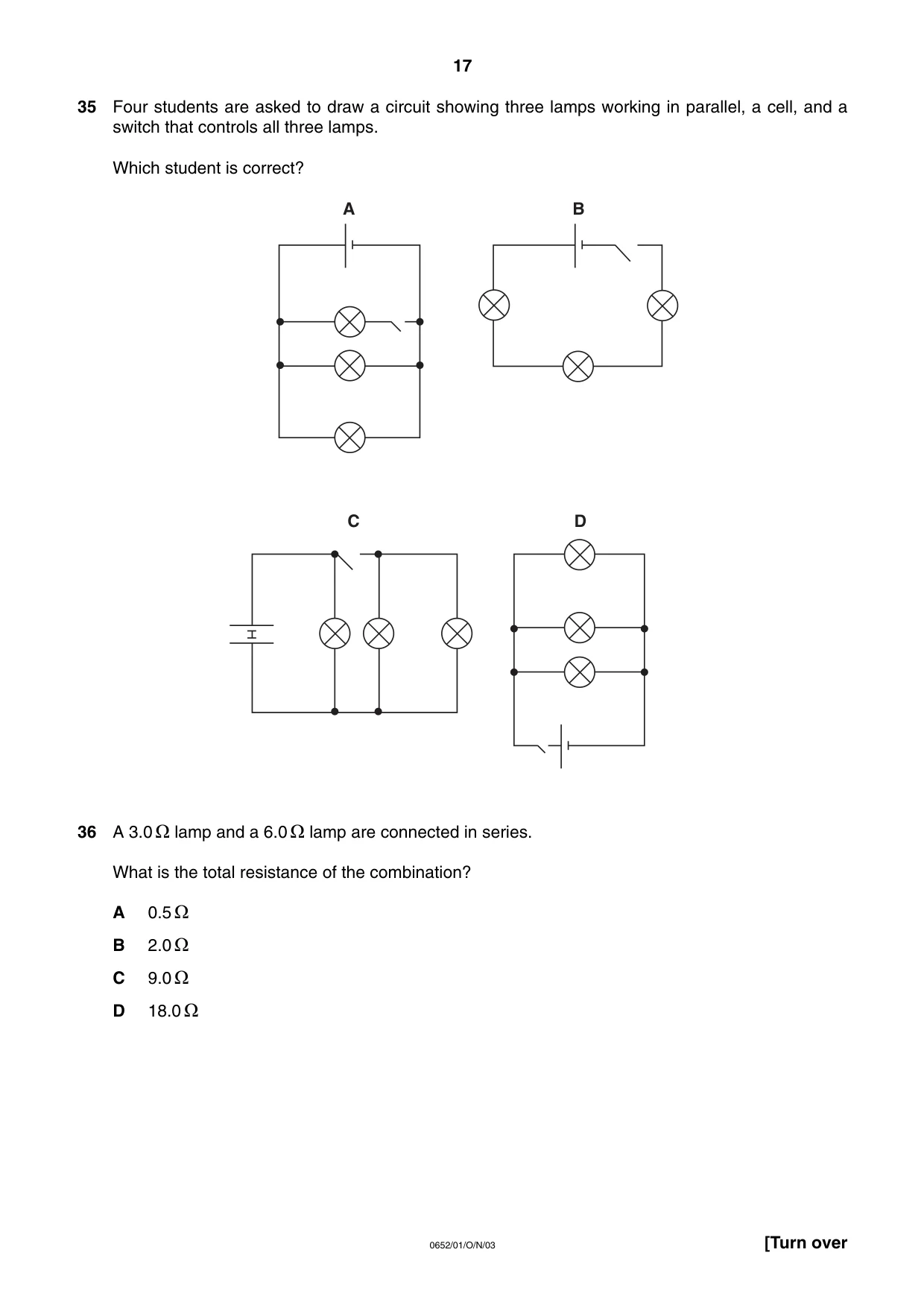 Cambridge IGCSE Physical Science 0652 2003 Oct/Nov Paper 1 · Variant 1 question paper, page 17 of 20