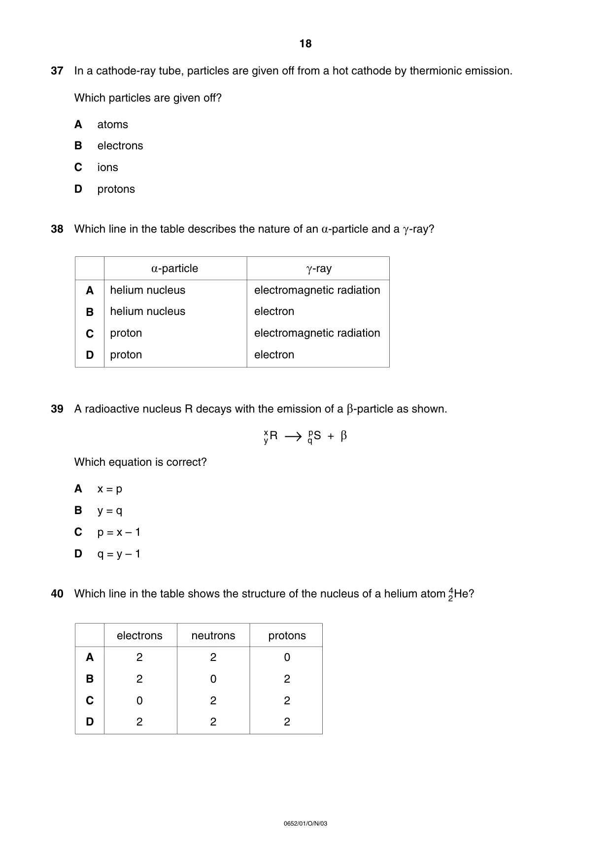 Cambridge IGCSE Physical Science 0652 2003 Oct/Nov Paper 1 · Variant 1 question paper, page 18 of 20