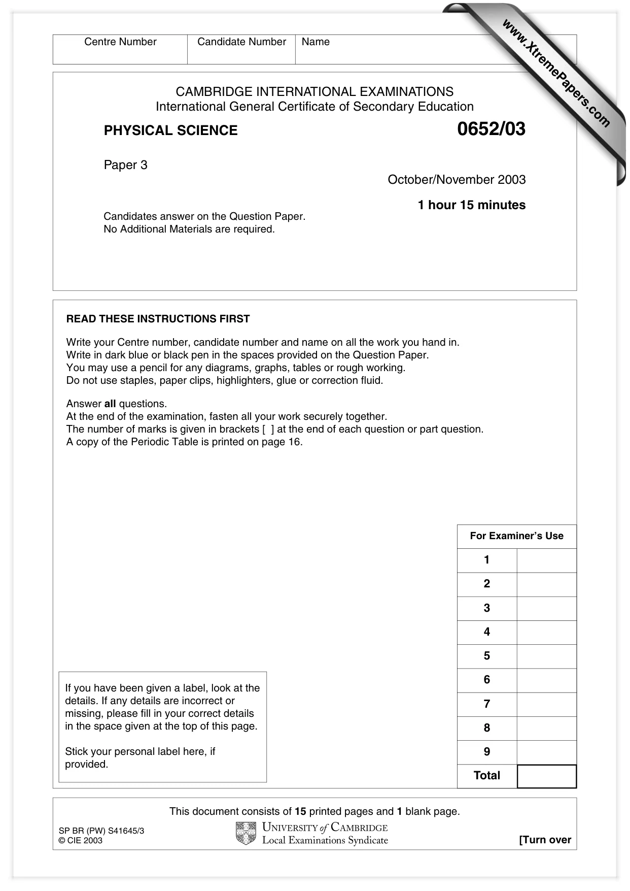Cambridge IGCSE Physical Science 0652 2003 Oct/Nov Paper 3 · Variant 1 question paper, page 1 of 16