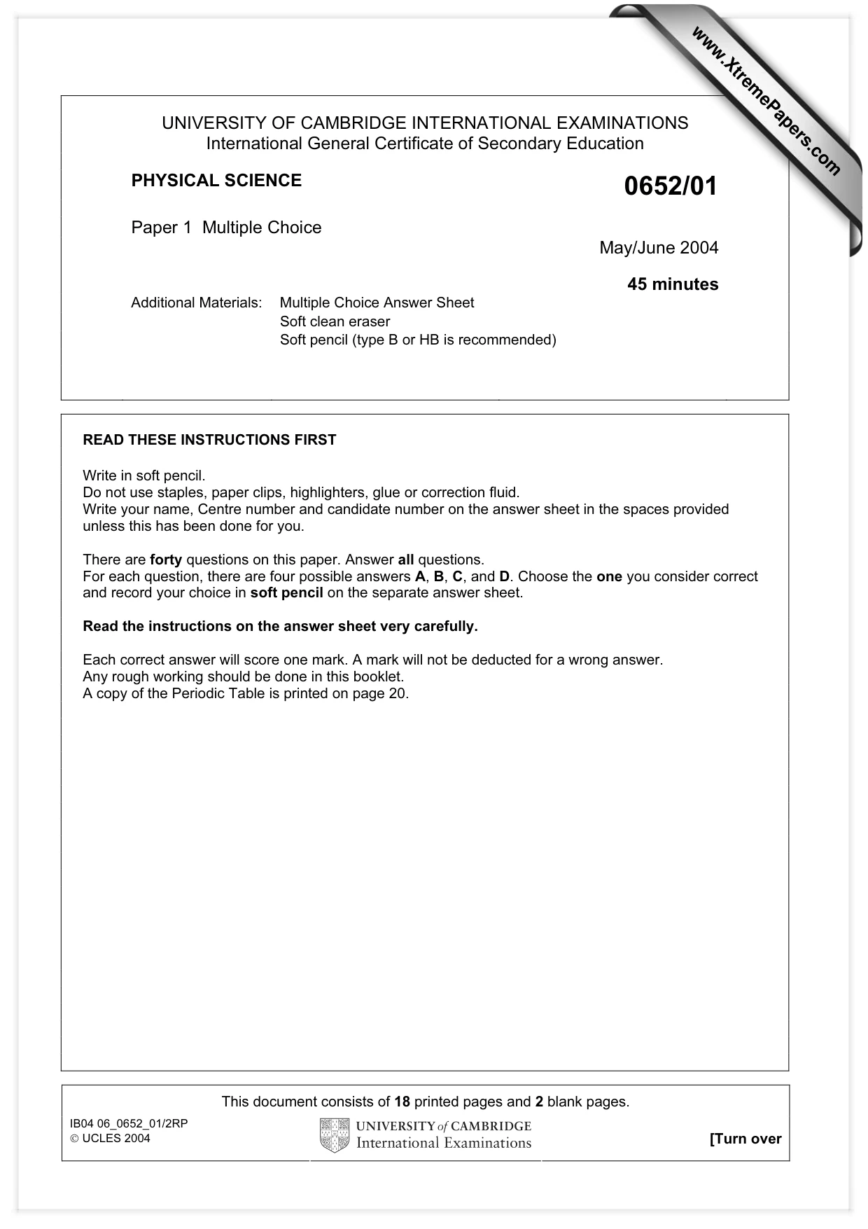Cambridge IGCSE Physical Science 0652 2004 May/June Paper 1 · Variant 1 question paper, page 1 of 20