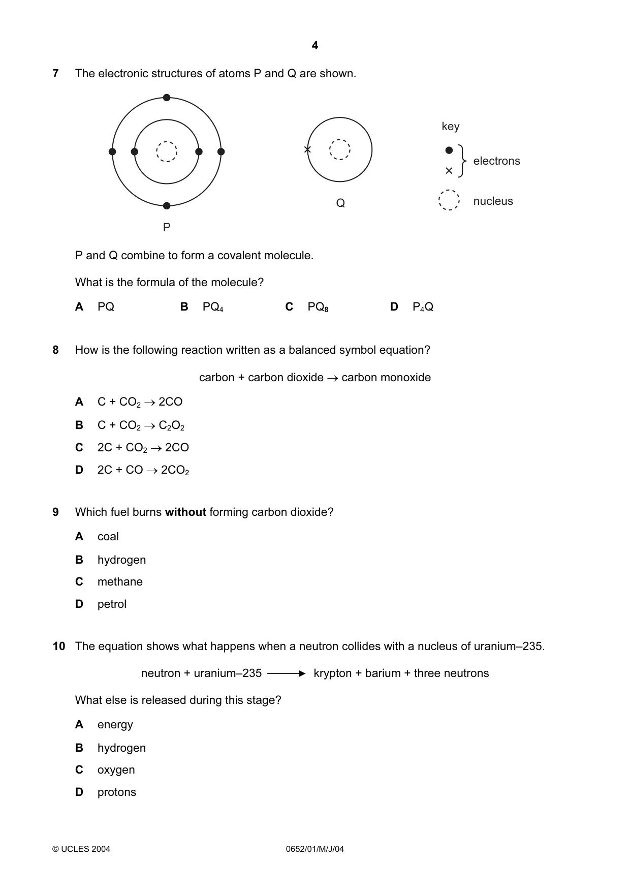 Cambridge IGCSE Physical Science 0652 2004 May/June Paper 1 · Variant 1 question paper, page 4 of 20