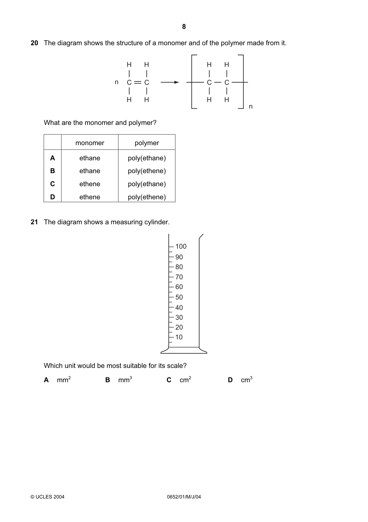 Cambridge IGCSE Physical Science 0652 2004 May/June Paper 1 · Variant 1 question paper, page 8 of 20