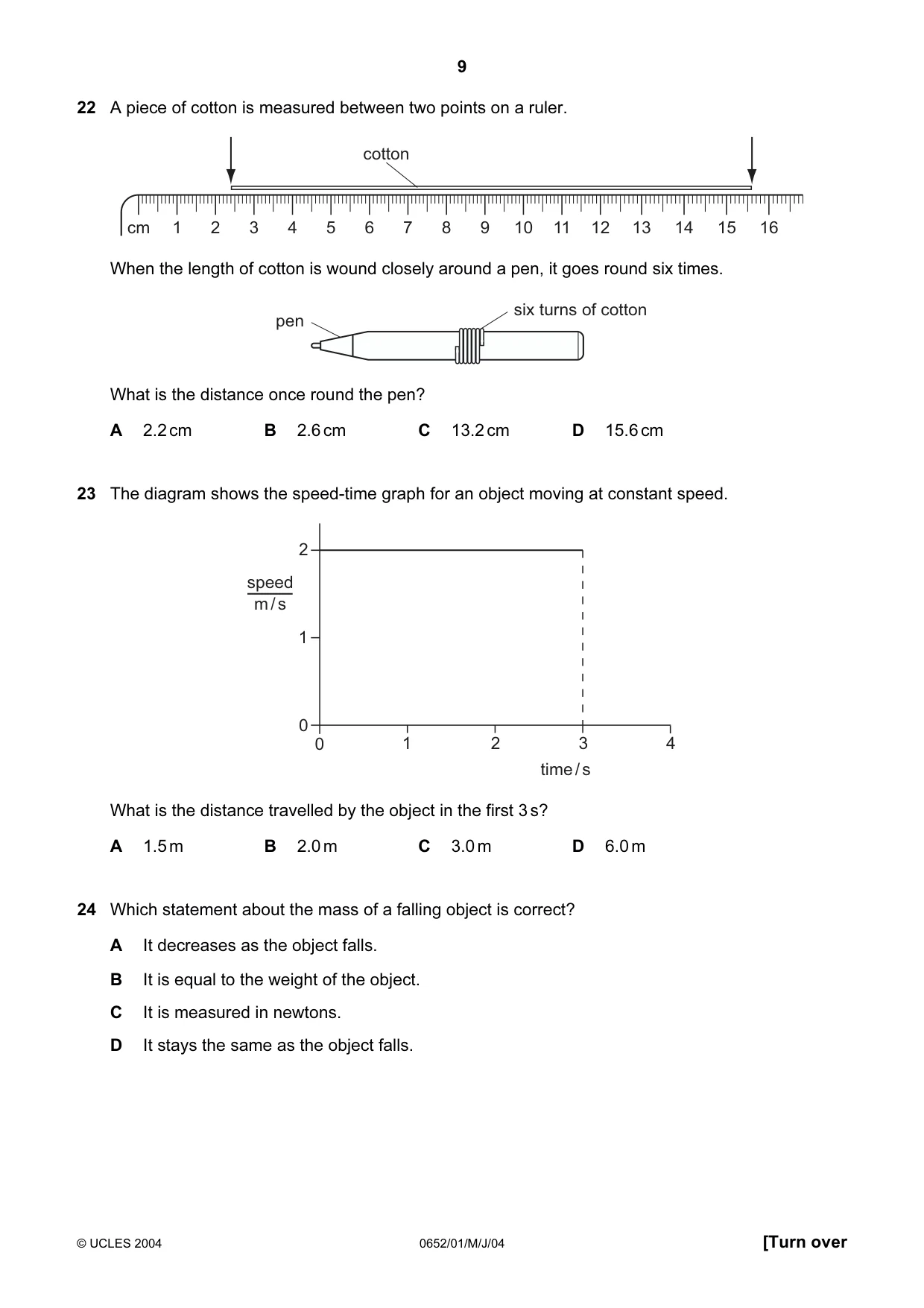 Cambridge IGCSE Physical Science 0652 2004 May/June Paper 1 · Variant 1 question paper, page 9 of 20