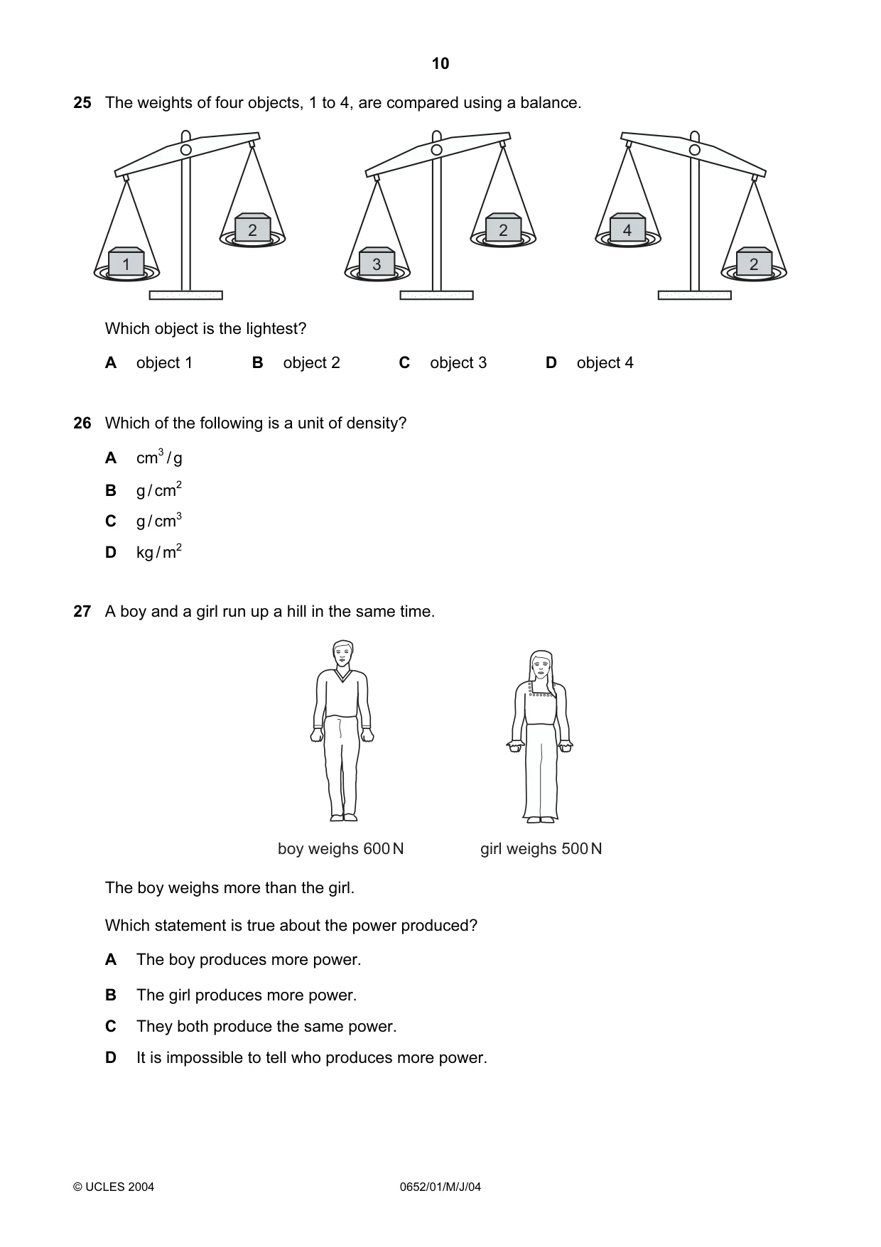 Cambridge IGCSE Physical Science 0652 2004 May/June Paper 1 · Variant 1 question paper, page 10 of 20