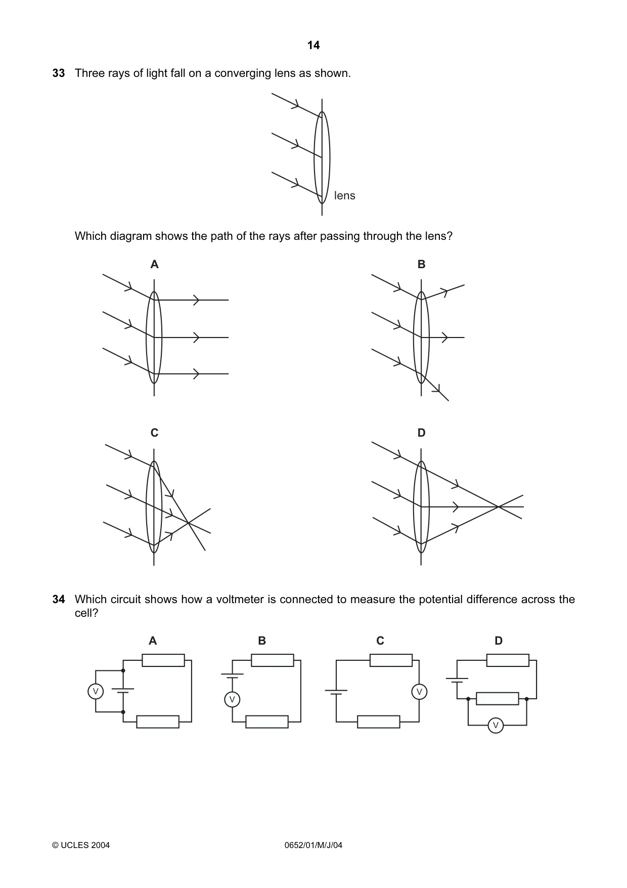 Cambridge IGCSE Physical Science 0652 2004 May/June Paper 1 · Variant 1 question paper, page 14 of 20