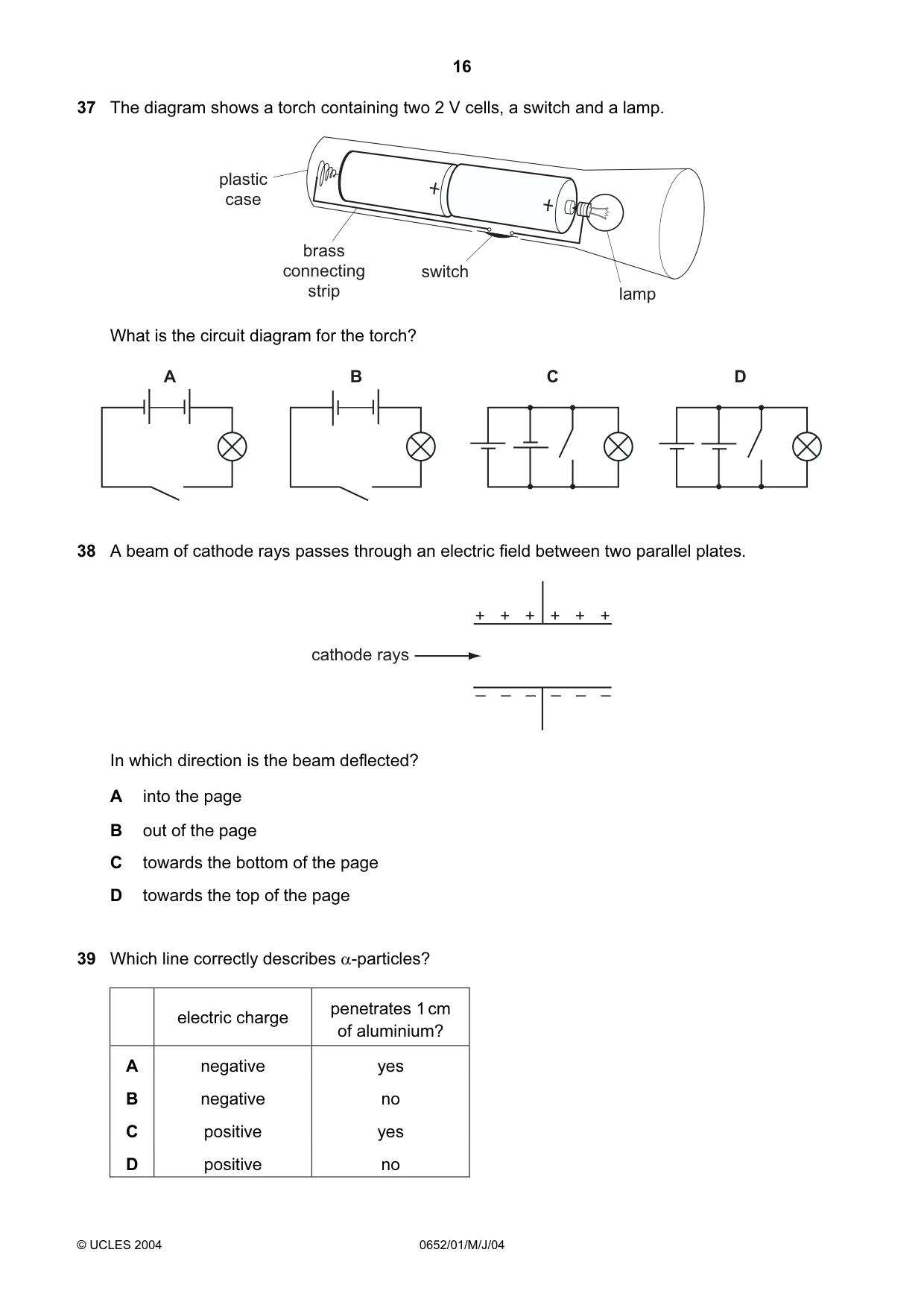 Cambridge IGCSE Physical Science 0652 2004 May/June Paper 1 · Variant 1 question paper, page 16 of 20