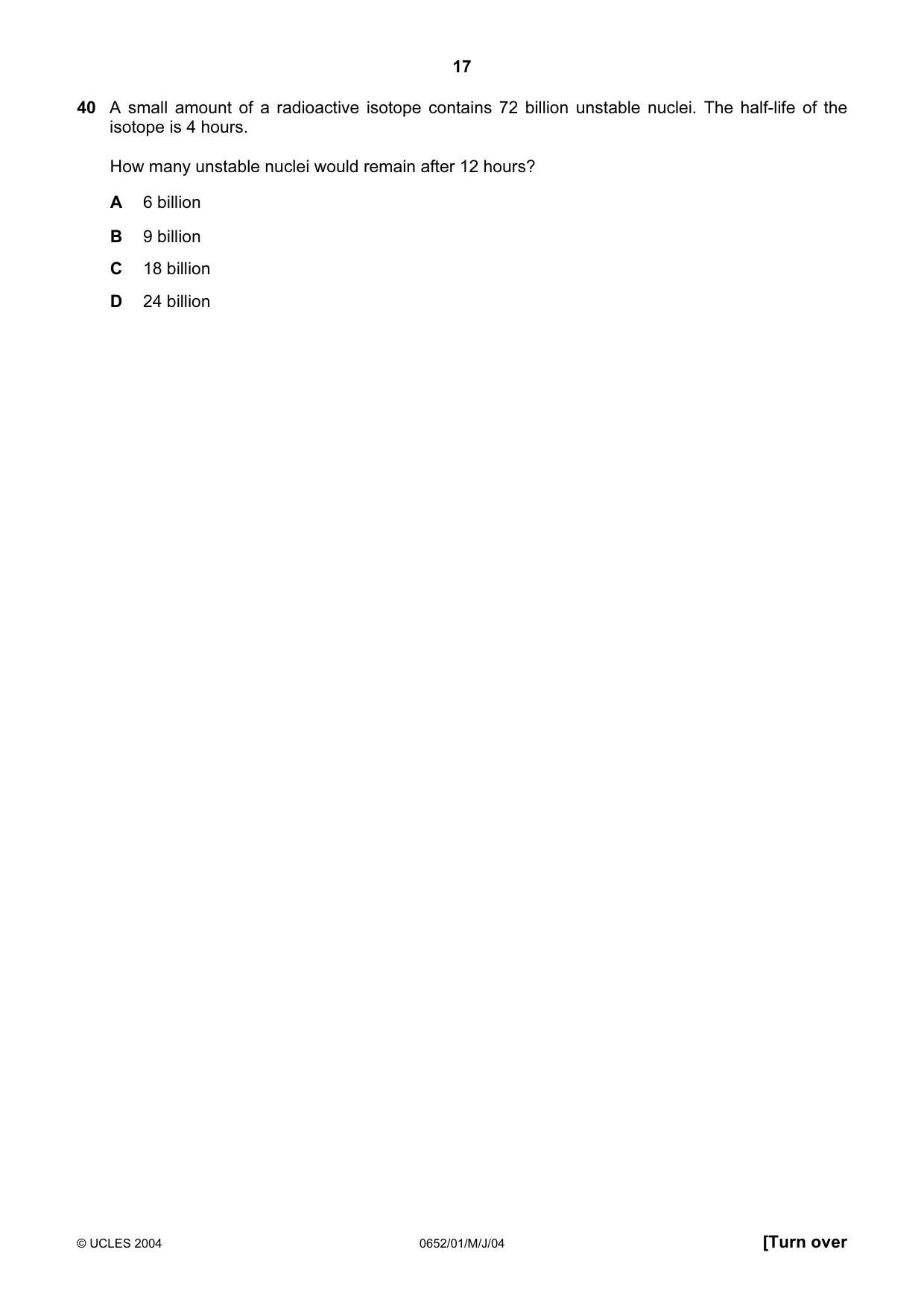 Cambridge IGCSE Physical Science 0652 2004 May/June Paper 1 · Variant 1 question paper, page 17 of 20