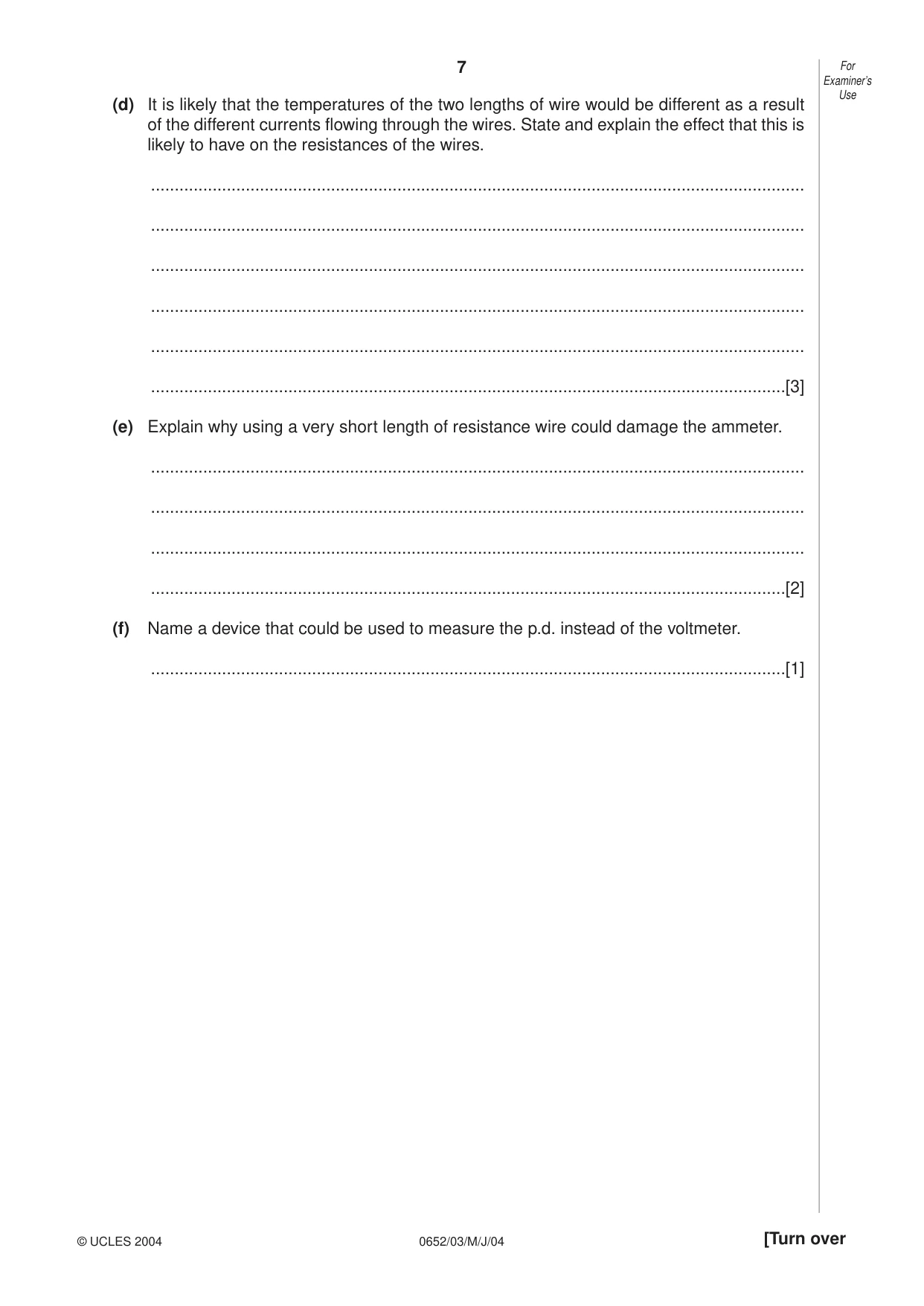 Cambridge IGCSE Physical Science 0652 2004 May/June Paper 3 · Variant 1 question paper, page 7 of 16