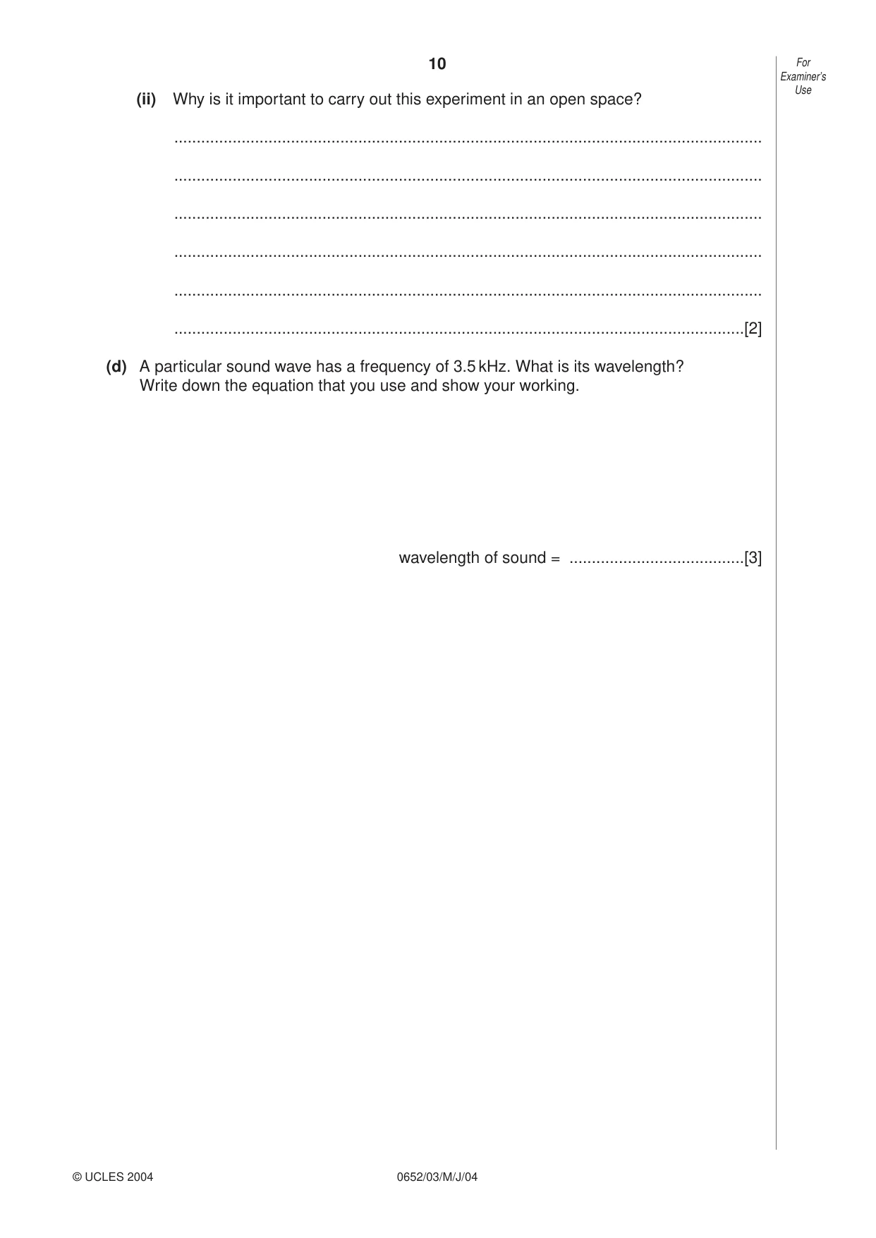 Cambridge IGCSE Physical Science 0652 2004 May/June Paper 3 · Variant 1 question paper, page 10 of 16